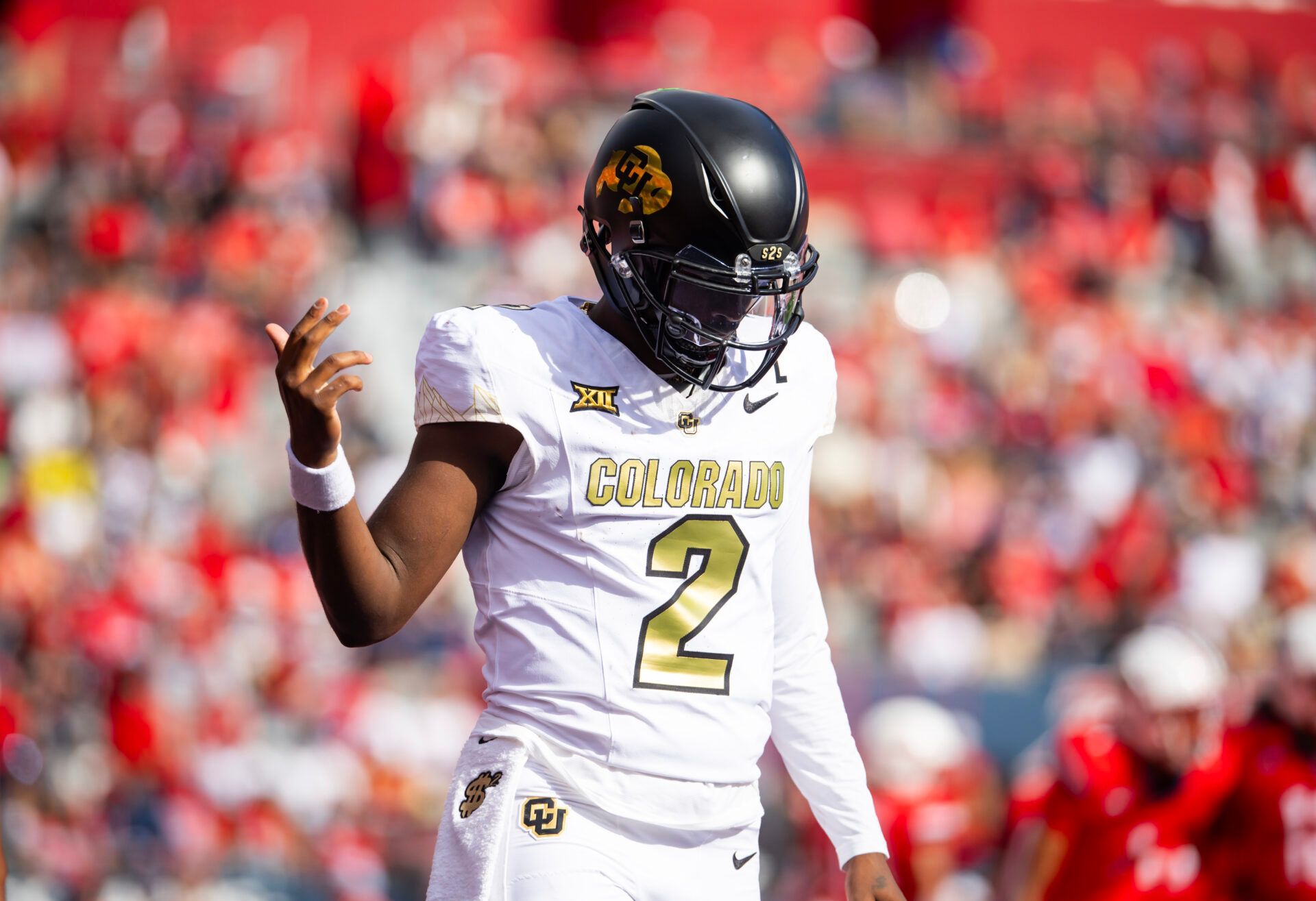 Oct 19, 2024; Tucson, Arizona, USA; Colorado Buffalos quarterback Shedeur Sanders (2) reacts against the Arizona Wildcats at Arizona Stadium. Mandatory Credit: Mark J. Rebilas-Imagn Images