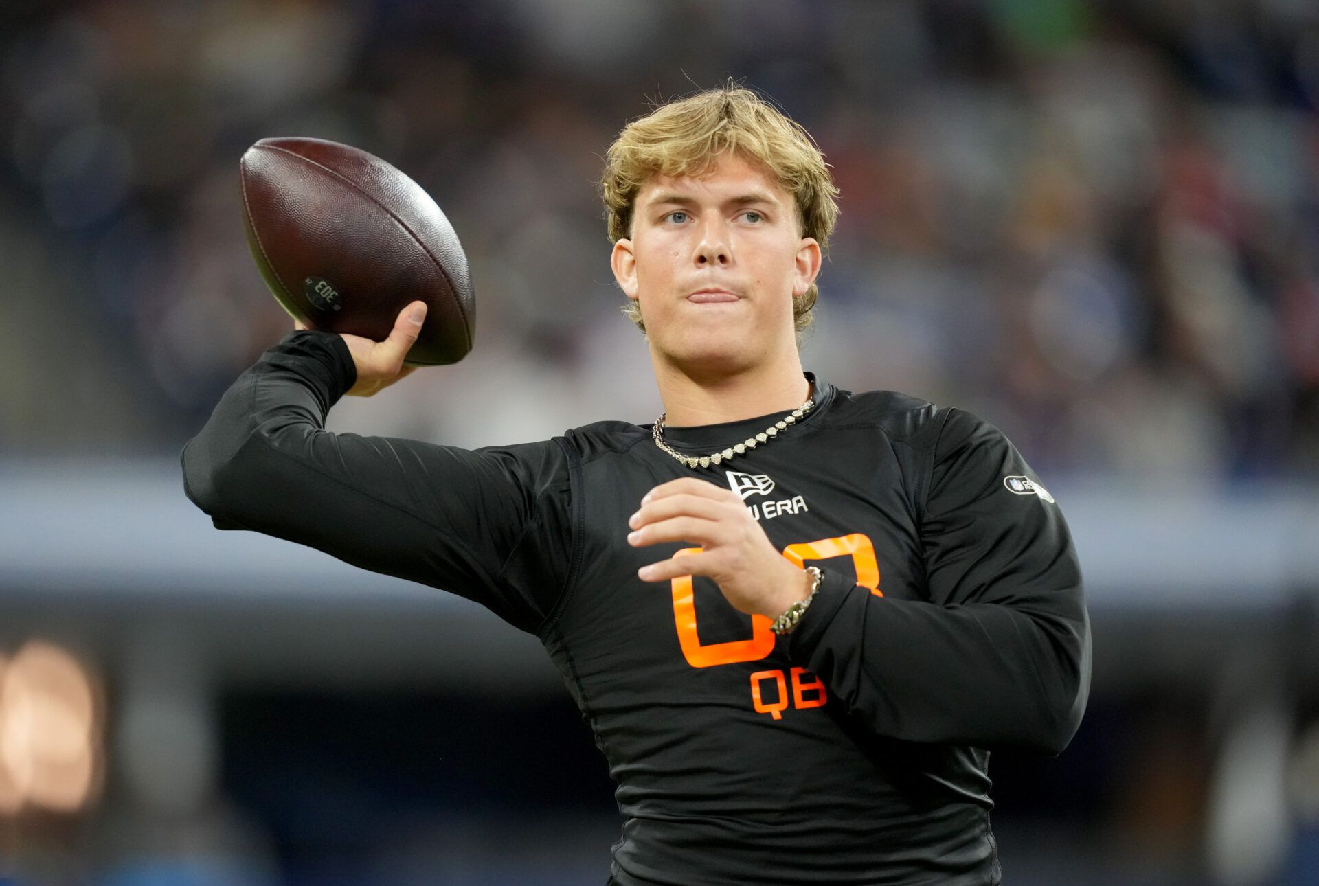 Mar 1, 2025; Indianapolis, IN, USA; Mississippi quarterback Jaxson Dart (QB03) during the 2025 NFL Combine at Lucas Oil Stadium. Mandatory Credit: Kirby Lee-Imagn Images