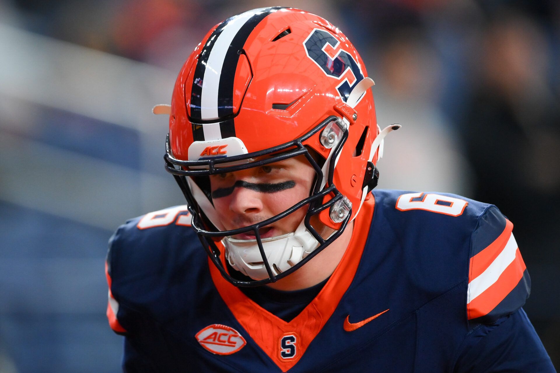 Nov 30, 2024; Syracuse, New York, USA; Syracuse Orange quarterback Kyle McCord (6) warms up prior to the game against the Miami Hurricanes at the JMA Wireless Dome. Mandatory Credit: Rich Barnes-Imagn Images