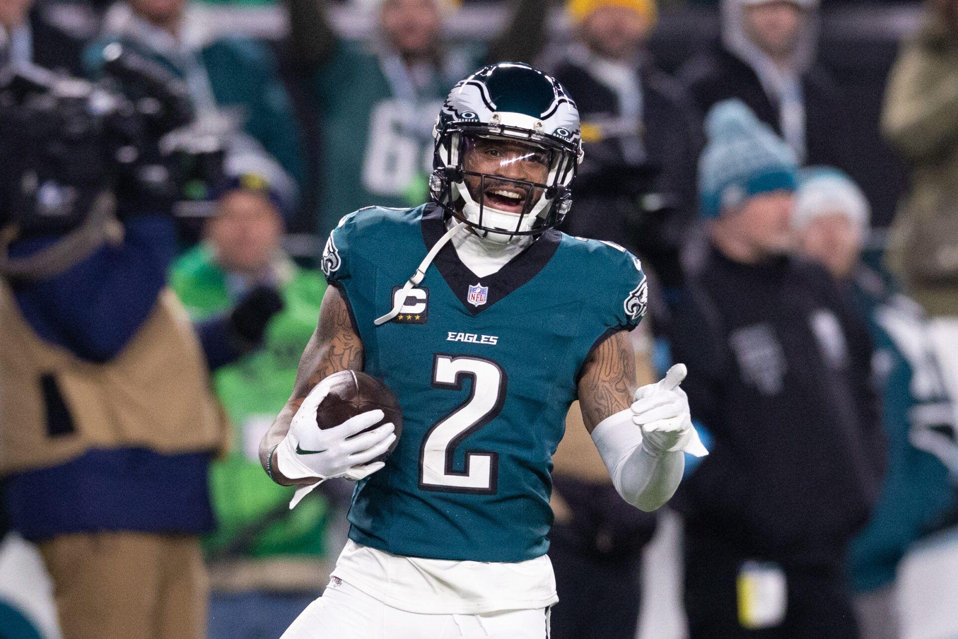 Dec 15, 2024; Philadelphia, Pennsylvania, USA; Philadelphia Eagles cornerback Darius Slay Jr. (2) reacts after his fumble recovery against the Pittsburgh Steelers during the third quarter at Lincoln Financial Field. Mandatory Credit: Bill Streicher-Imagn Images