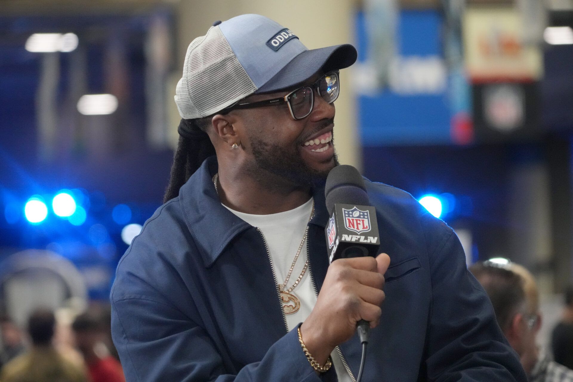 Feb 7, 2025; New Orleans, LA, USA; Gerald McCoy on the NFL Network set on Radio Row at the Super Bowl LIX media center. Mandatory Credit: Kirby Lee-Imagn Images