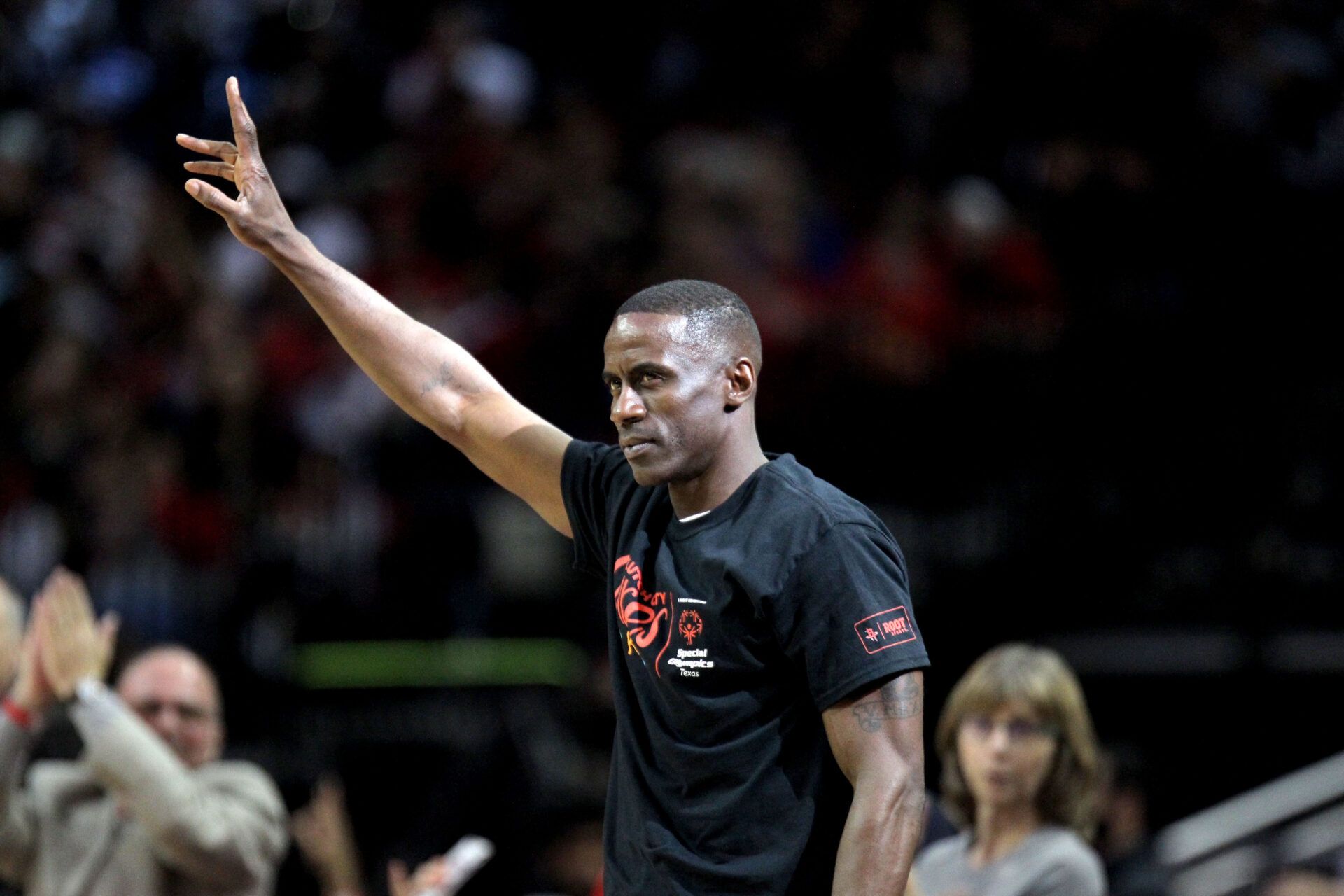 Mar 4, 2017; Houston, TX, USA; Houston Rockets former guard Vernon Maxwell waves to the crowd during a timeout against the Memphis Grizzlies during the third quarter at Toyota Center. Mandatory Credit: Erik Williams-USA TODAY Sports