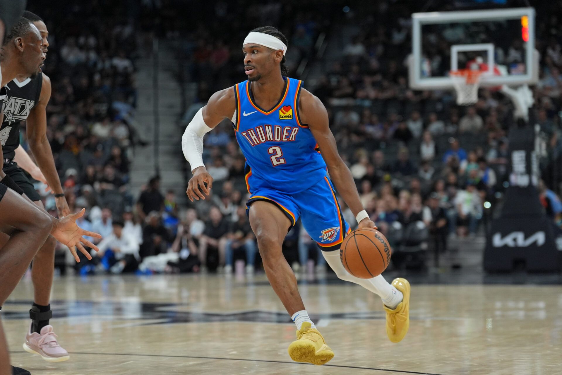 Mar 2, 2025; San Antonio, Texas, USA; Oklahomaa City Thunder guard Shai Gilgeous-Alexander (2) dribbles in the second half against the San Antonio Spurs at Frost Bank Center. Mandatory Credit: Daniel Dunn-Imagn Images