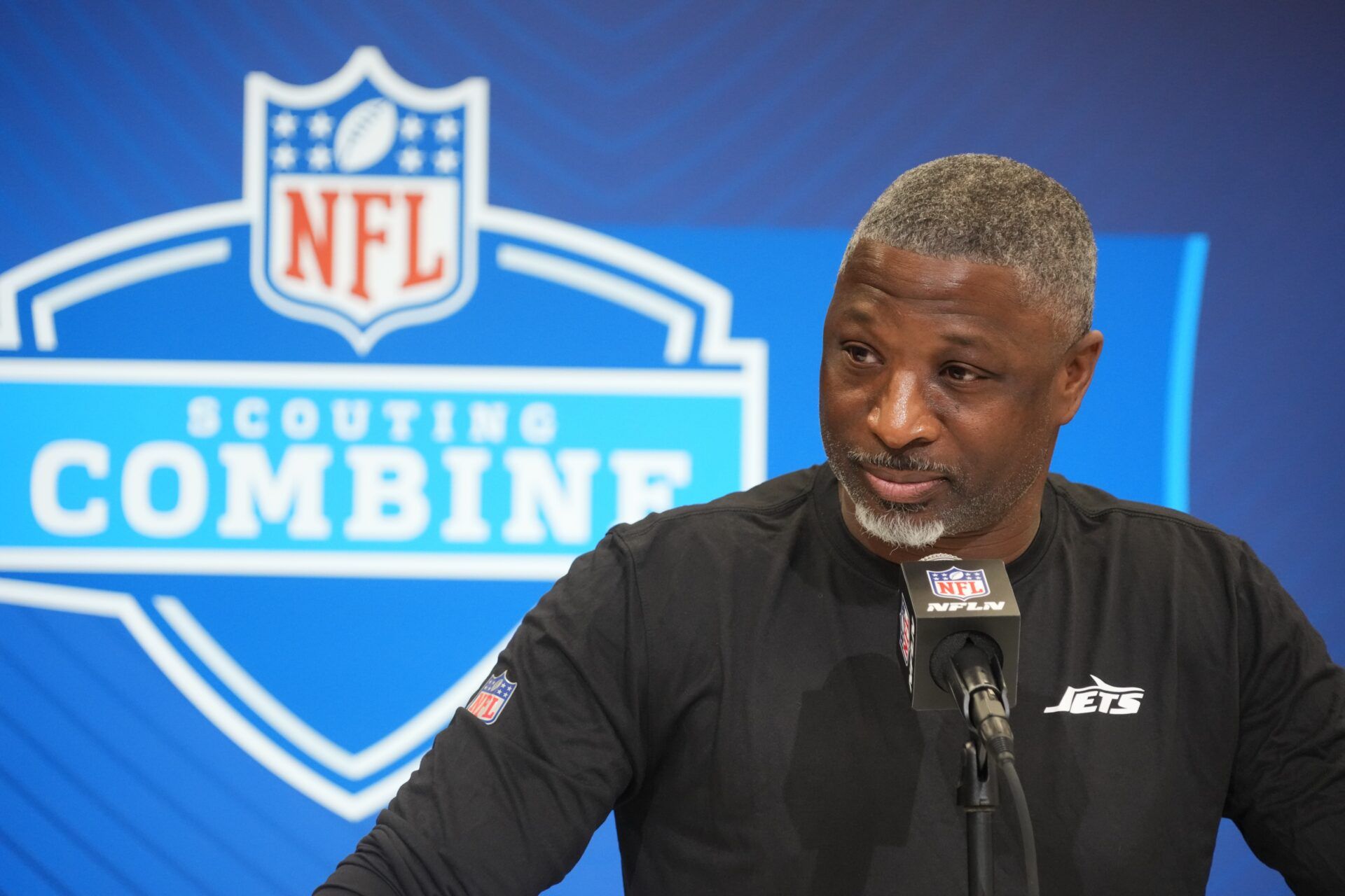 New York Jets coach Aaron Glenn speaks during the NFL Scouting Combine at the Indiana Convention Center.