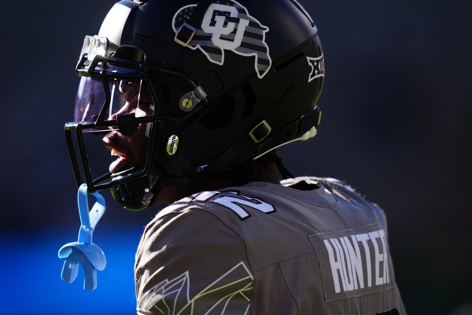 Nov 16, 2024; Boulder, Colorado, USA; Colorado Buffaloes wide receiver Travis Hunter (12) before the game against the Utah Utes at Folsom Field. Mandatory Credit: Ron Chenoy-Imagn Images