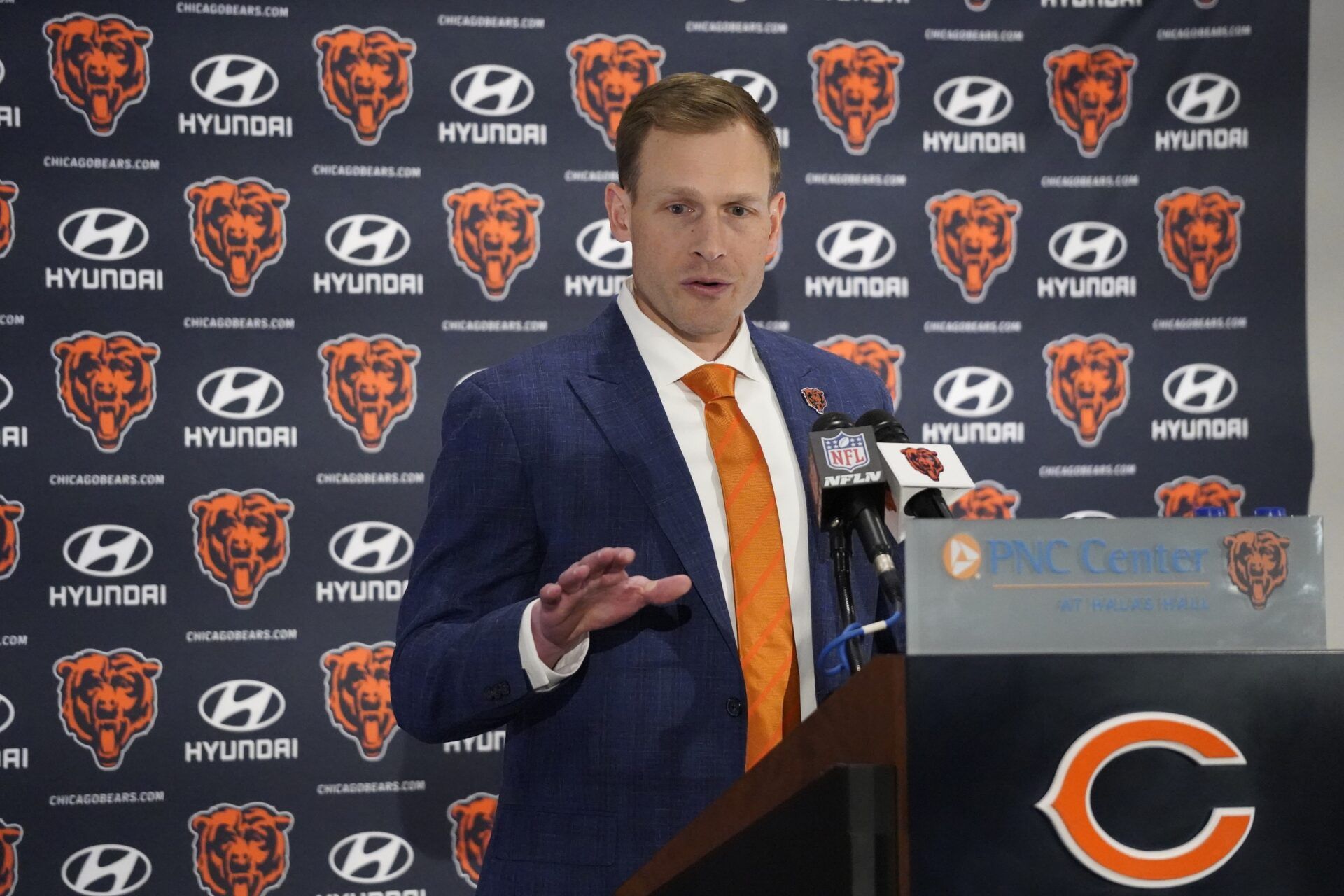 Chicago Bears head coach Ben Johnson answers questions during a introductory press conference at PNC Center.