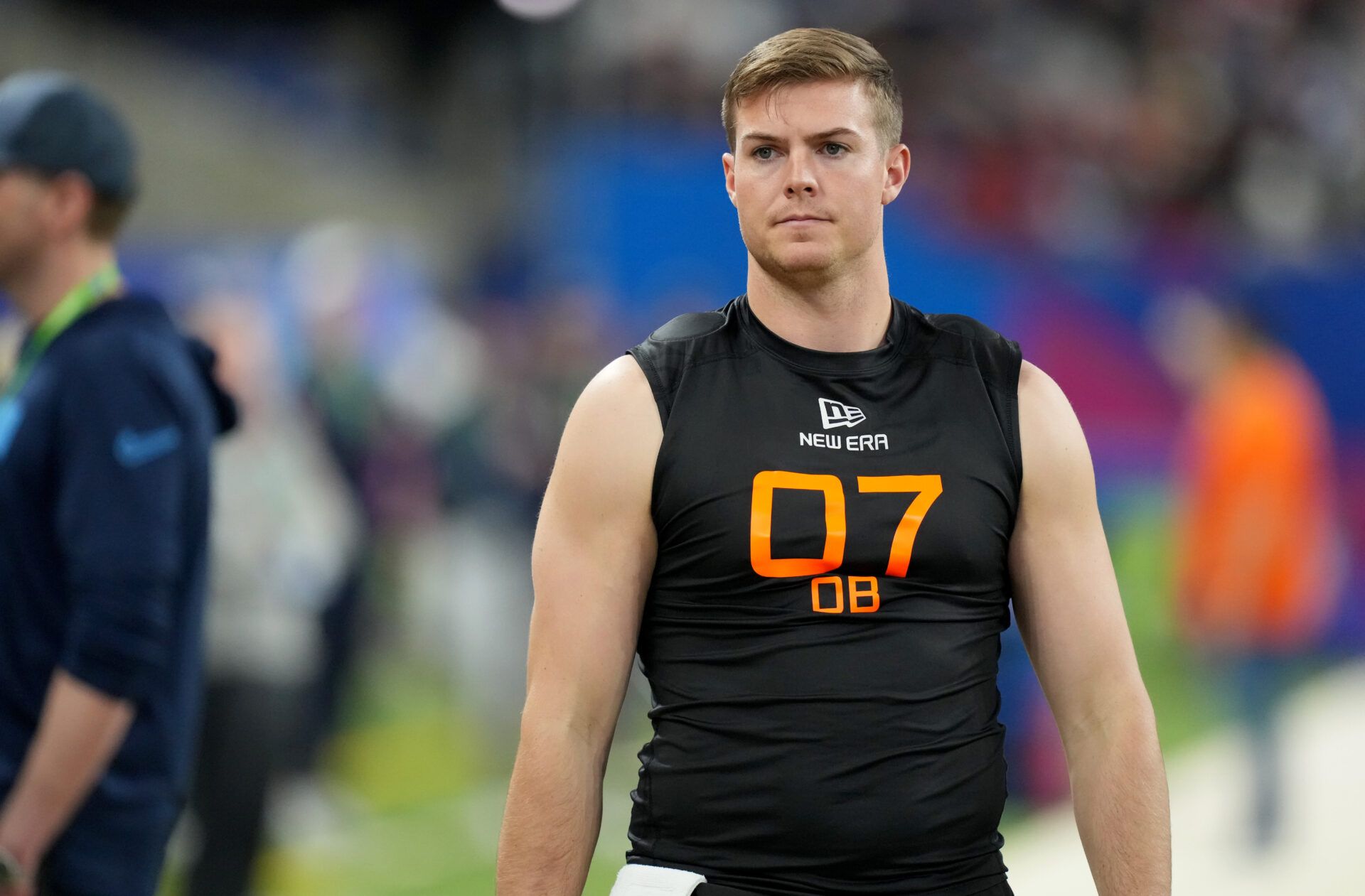 Mar 1, 2025; Indianapolis, IN, USA; Ohio State quarterback Will Howard (QB07) during the 2025 NFL Combine at Lucas Oil Stadium. Mandatory Credit: Kirby Lee-Imagn Images