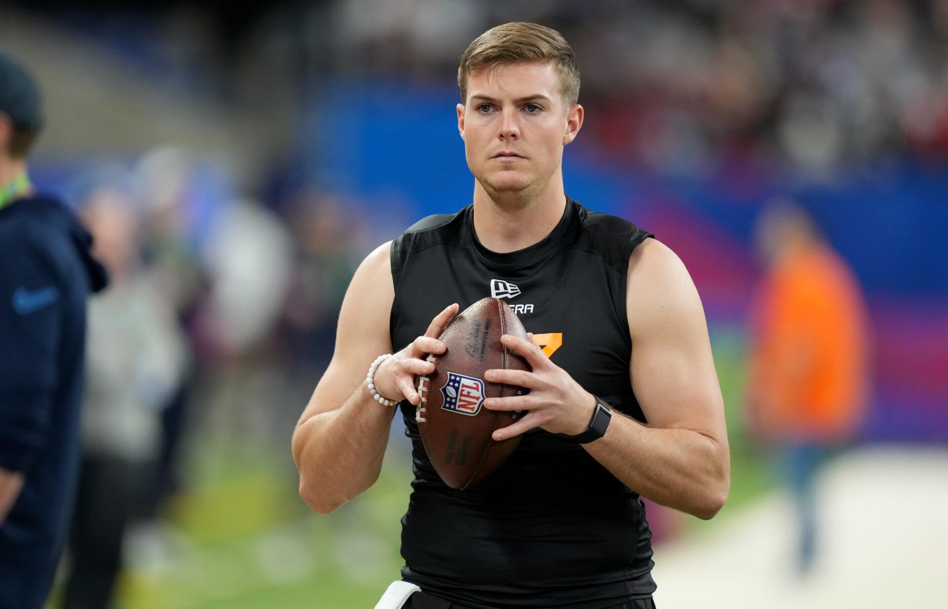 Ohio State quarterback Will Howard (QB07) during the 2025 NFL Combine at Lucas Oil Stadium.