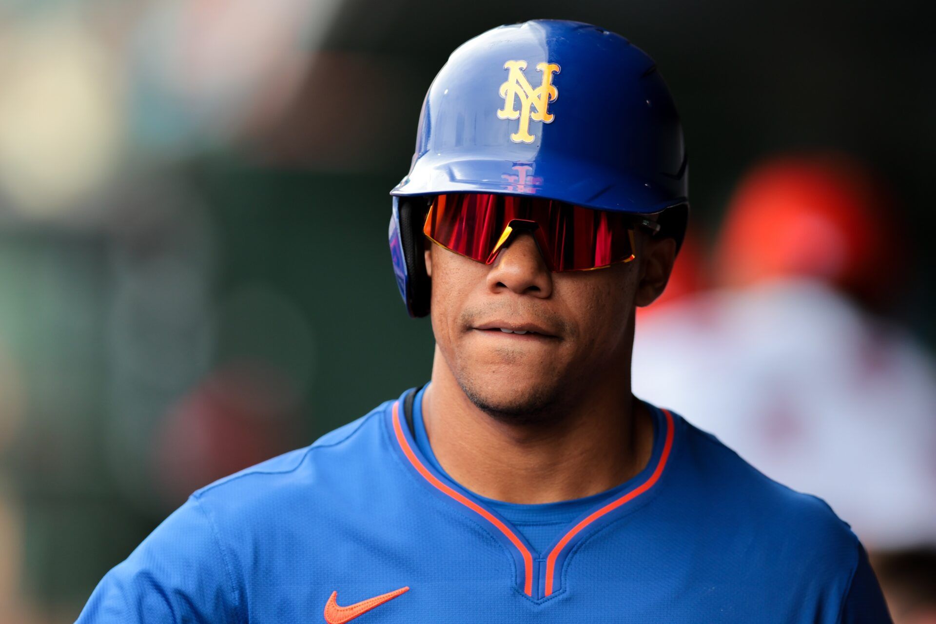 New York Mets right fielder Juan Soto (22) looks on against the St. Louis Cardinals during the first inning at Roger Dean Chevrolet Stadium.