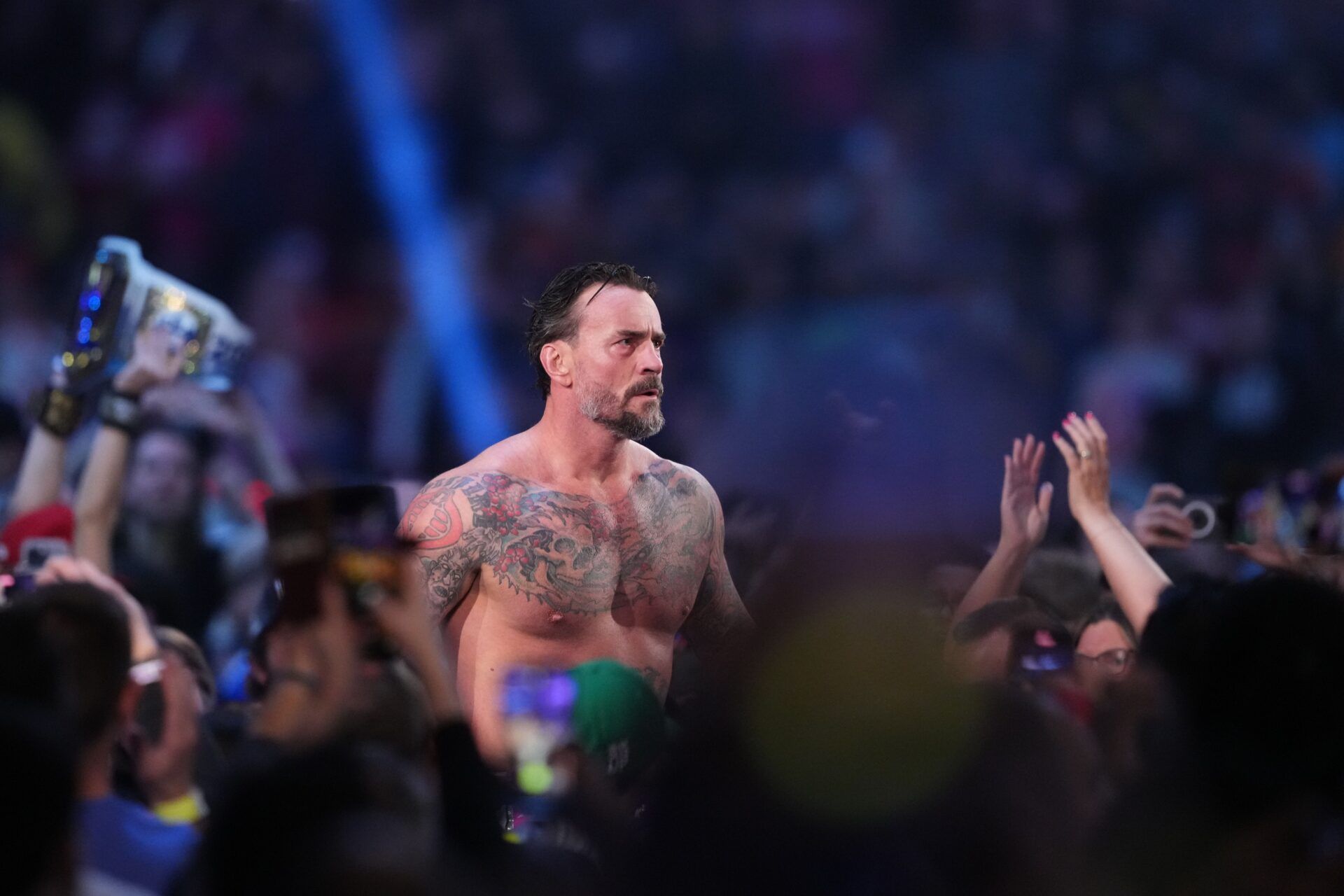 CM Punk during the Men’s Royal Rumble match during the WWE Royal Rumble at Lucas Oil Stadium.