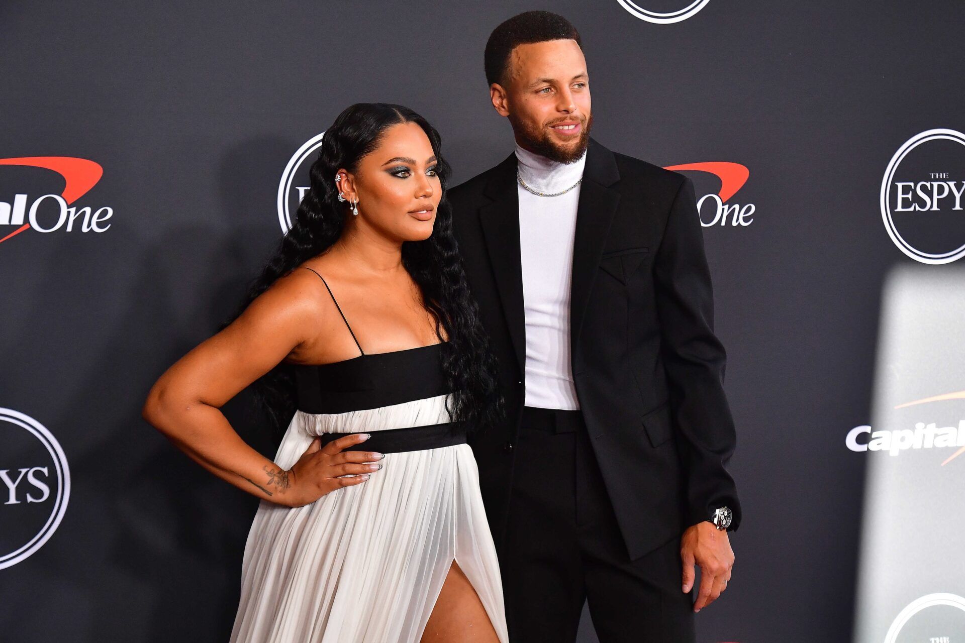 Golden State Warriors player Stephen Curry and wife Ayesha Curry arrive at the Red Carpet for the 2022 ESPY at Dolby Theater.