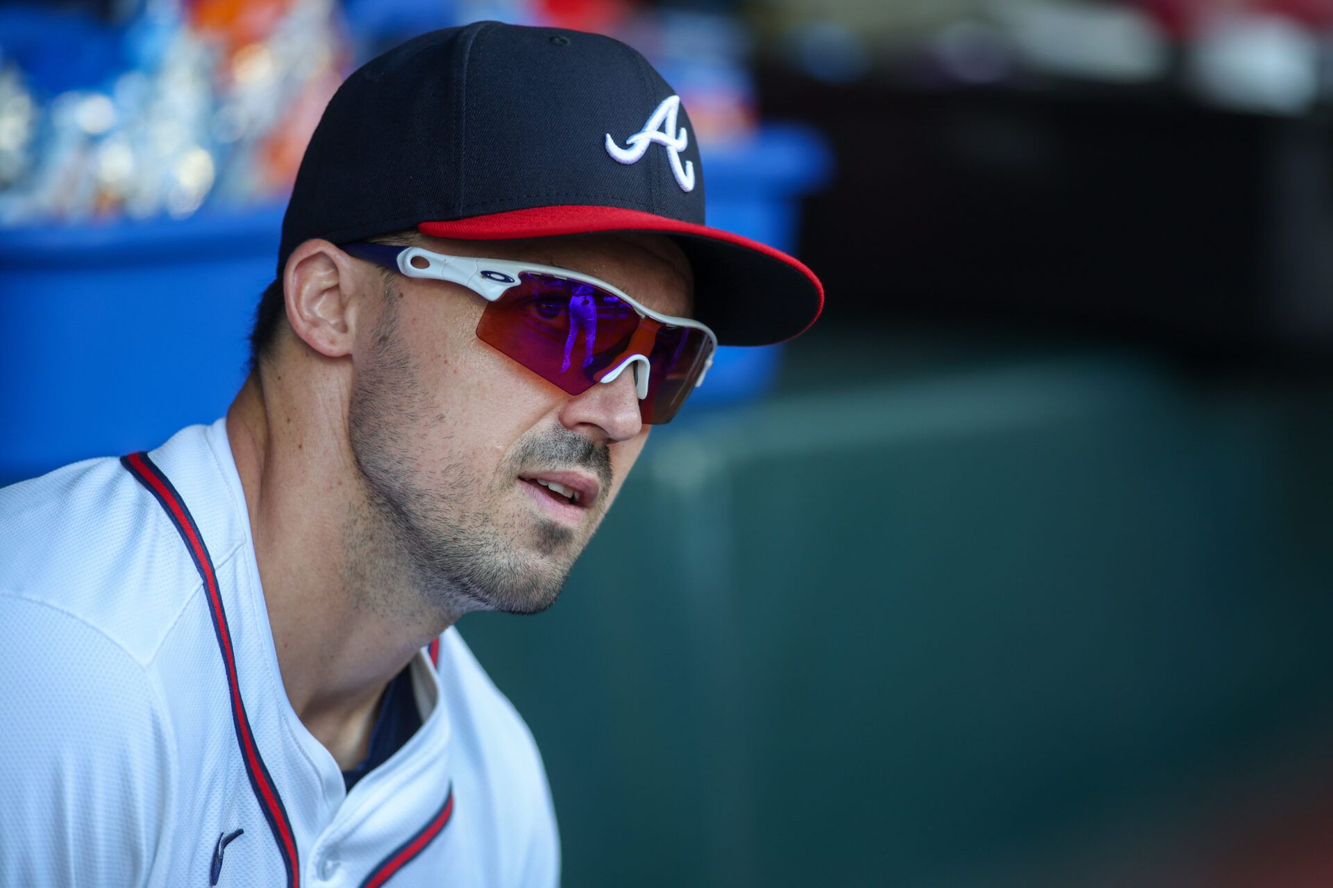 Aug 7, 2024; Atlanta, Georgia, USA; Atlanta Braves right fielder Adam Duvall (14) in the dugout before a game against the Milwaukee Brewers at Truist Park. Mandatory Credit: Brett Davis-USA TODAY Sports