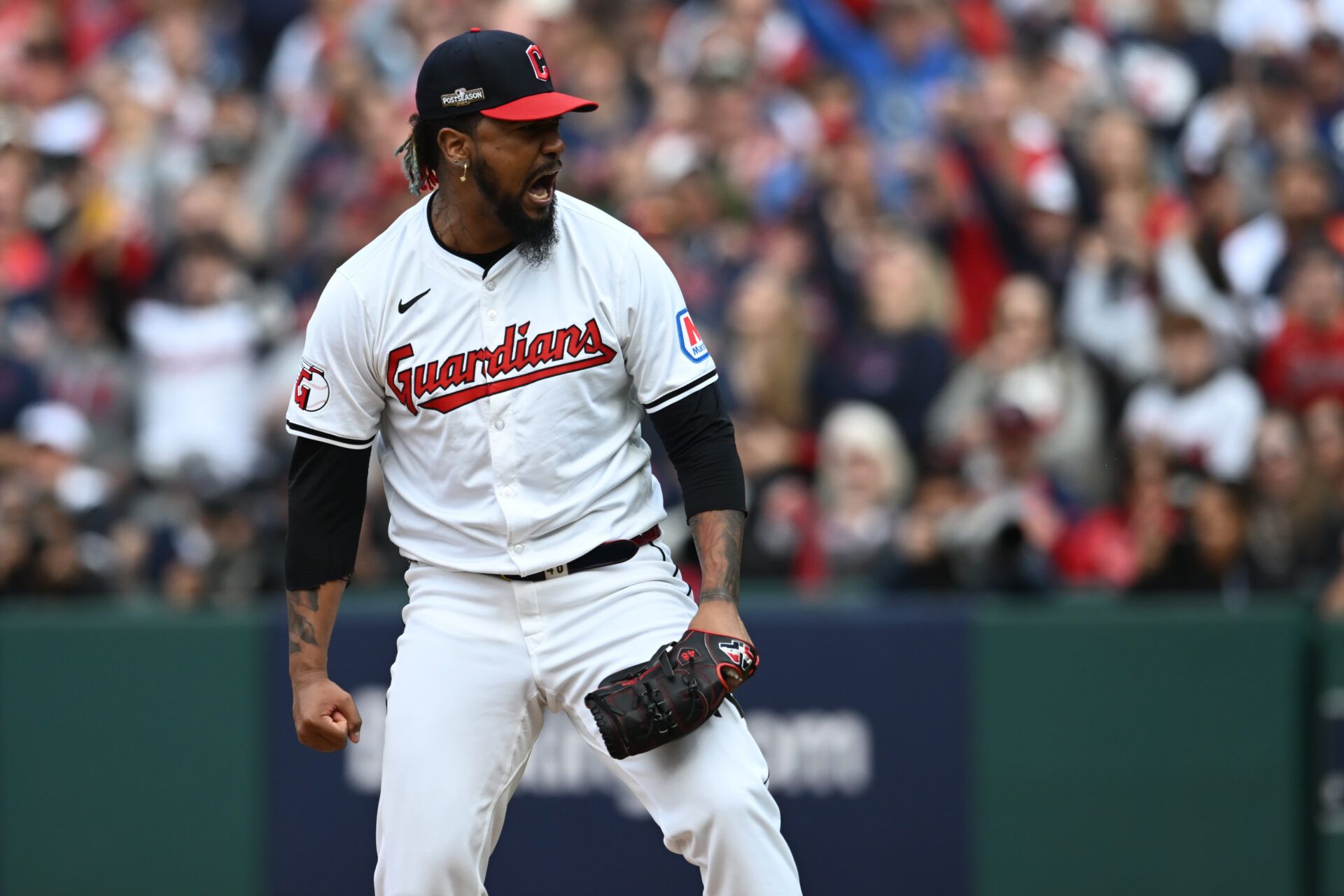 Oct 12, 2024; Cleveland, Ohio, USA; Cleveland Guardians pitcher Emmanuel Clase (48) reacts after a strike out in the eighth inning against the Detroit Tigers during game five of the ALDS for the 2024 MLB Playoffs at Progressive Field. Mandatory Credit: Ken Blaze-Imagn Images