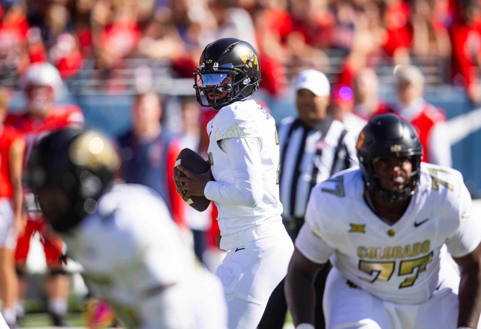 Oct 19, 2024; Tucson, Arizona, USA; Colorado Buffalos quarterback Shedeur Sanders (2) against the Arizona Wildcats at Arizona Stadium. Mandatory Credit: Mark J. Rebilas-Imagn Images