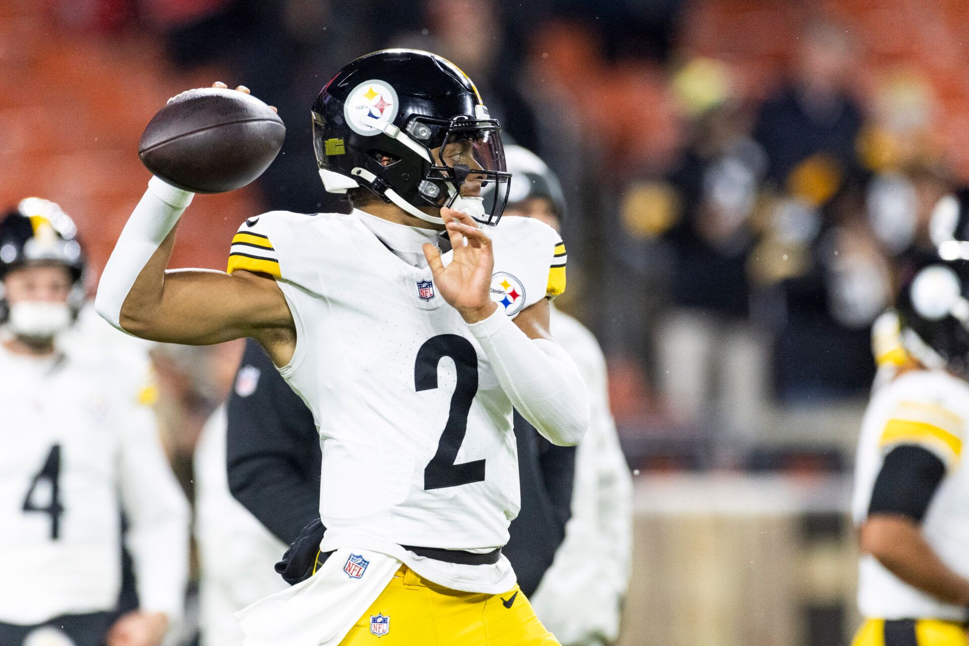 Nov 21, 2024; Cleveland, Ohio, USA; Pittsburgh Steelers quarterback Justin Fields (2) throws the ball during warm ups before the game against the Cleveland Browns at Huntington Bank Field Stadium. Mandatory Credit: Scott Galvin-Imagn Images