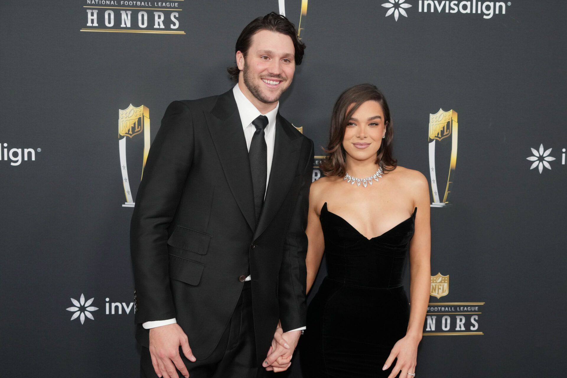 Feb 6, 2025; New Orleans, LA, USA; Josh Allen and Hailee Steinfeld on the red carpet before Super Bowl LIX NFL Honors at Saenger Theatre. Mandatory Credit: Kirby Lee-Imagn Images