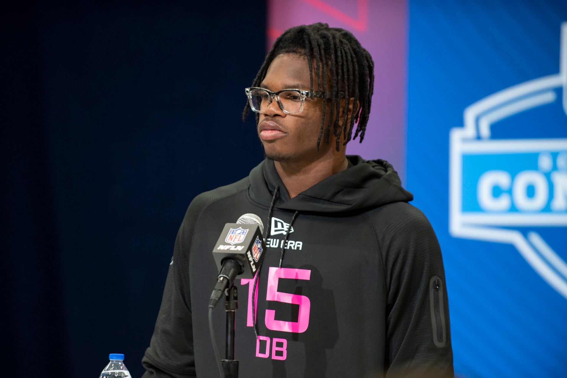 Feb 27, 2025; Indianapolis, IN, USA; Colorado defensive back Travis Hunter (DB15) during the 2025 NFL Combine at Lucas Oil Stadium. Mandatory Credit: Tanner Pearson-Imagn Images