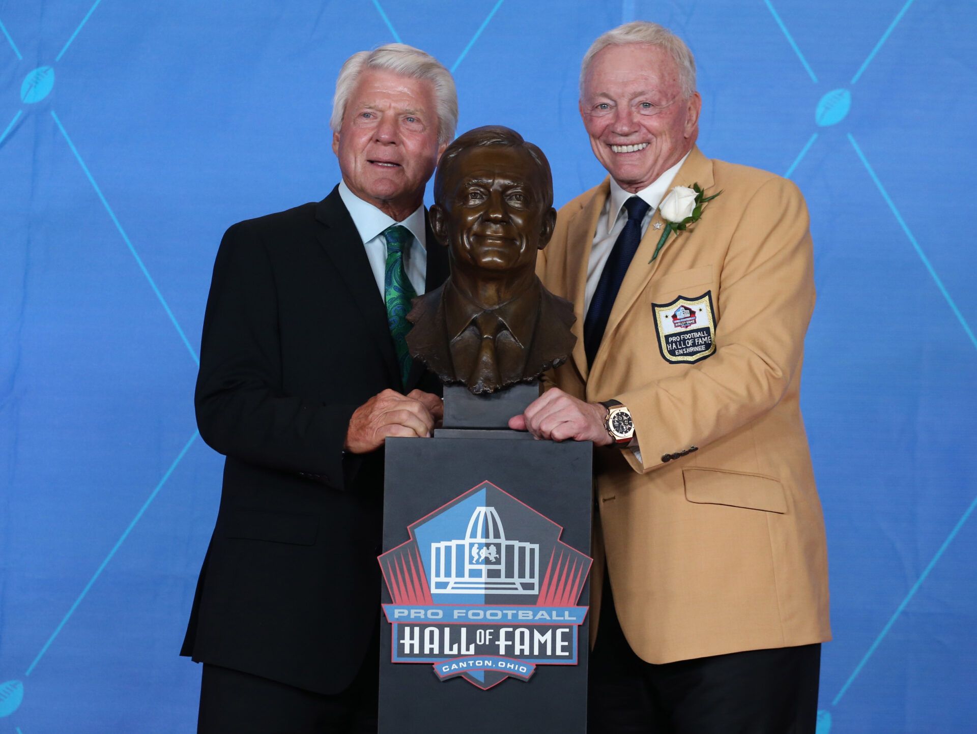 Aug 5, 2017; Canton, OH, USA; Dallas Cowboys owner Jerry Jones poses with Cowboys former head coach Jimmy Johnson (left) during the Professional Football HOF enshrinement ceremonies at the Tom Benson Hall of Fame Stadium. Mandatory Credit: Charles LeClaire-USA TODAY Sports