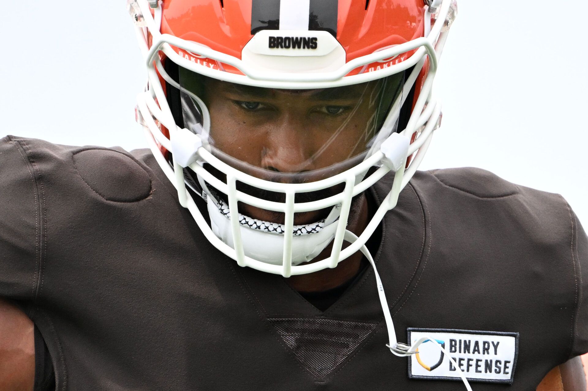 Aug 5, 2024; Cleveland Browns defensive end Myles Garrett (95) during practice at the Browns training facility in Berea, Ohio. Mandatory Credit: Bob Donnan-USA TODAY Sports