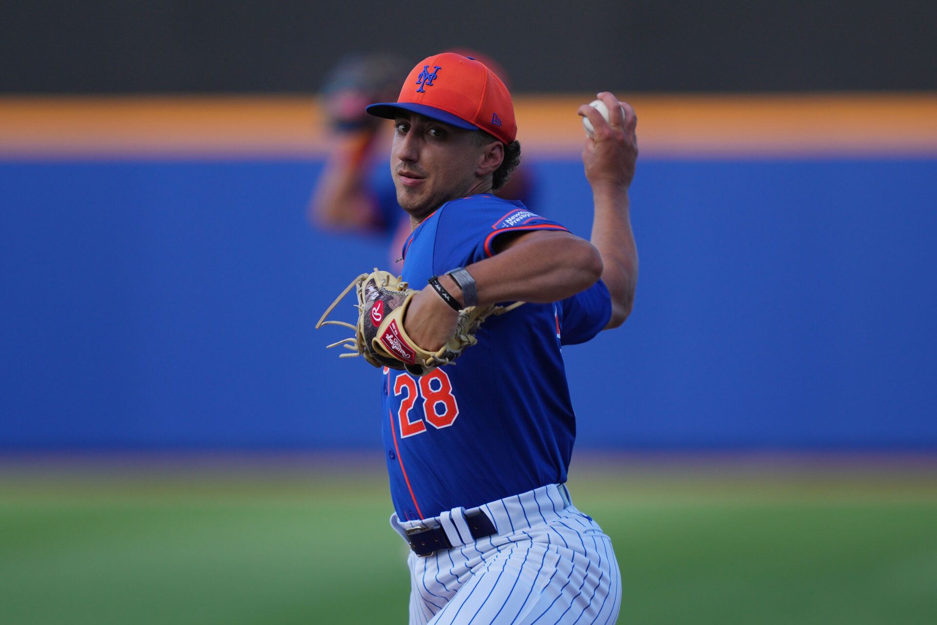 Mar 15, 2024; Port St. Lucie, Florida, USA; New York Mets pitcher Brandon Sproat (28) warms-up in the sixth inning against the Washington Nationals in the Spring Breakout game at Clover Park. Mandatory Credit: Jim Rassol-USA TODAY Sports