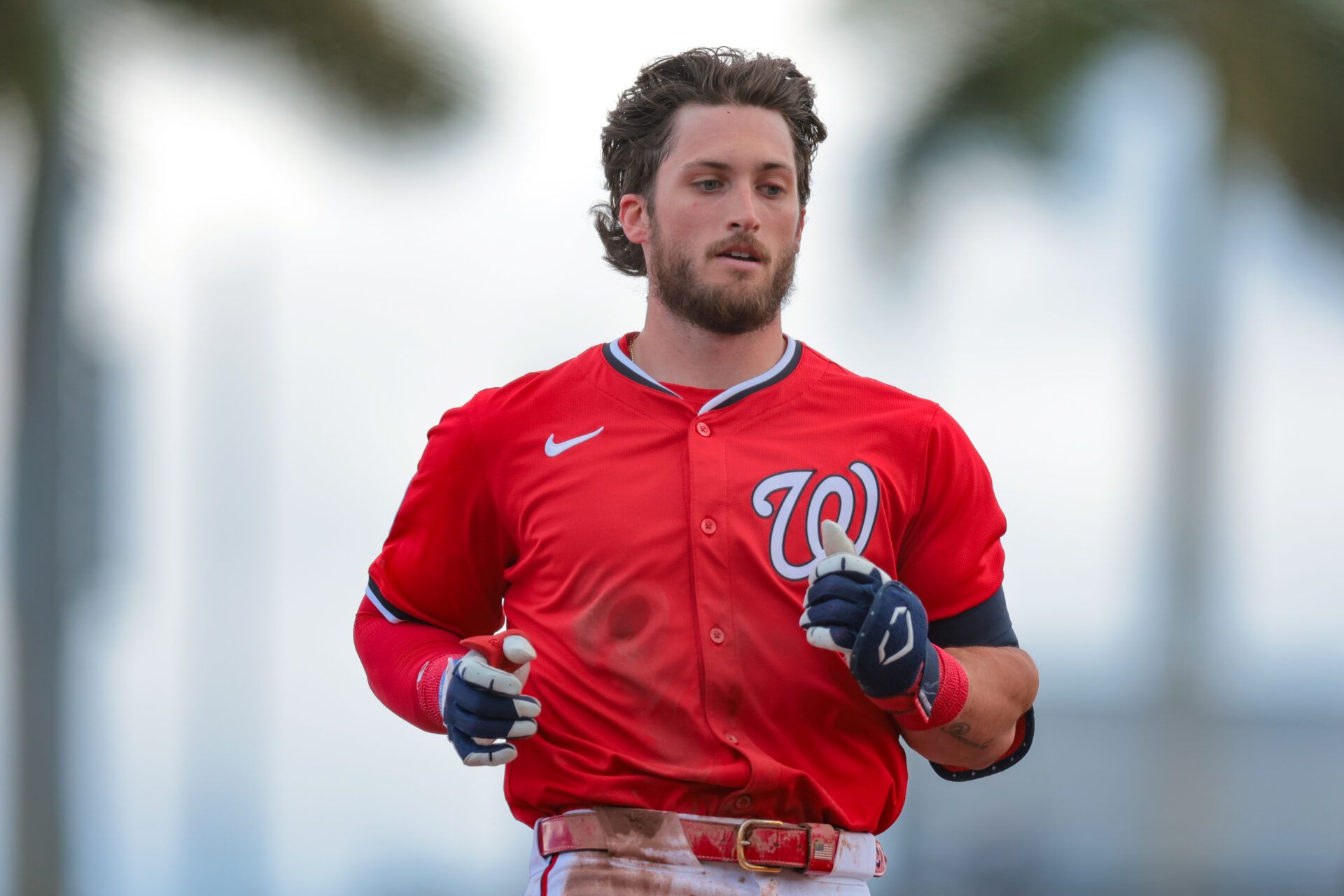 Feb 23, 2025; West Palm Beach, Florida, USA; Washington Nationals right fielder Dylan Crews (3) reaches third base after hitting a triple against the New York Mets during the second inning at CACTI Park of the Palm Beaches. Mandatory Credit: Sam Navarro-Imagn Images