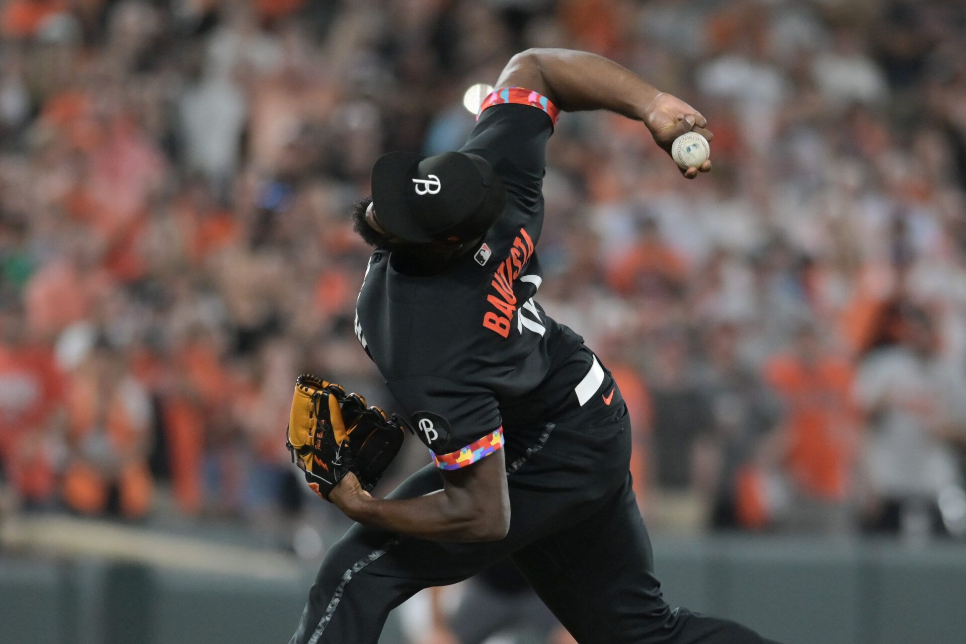 Aug 25, 2023; Baltimore, Maryland, USA; Baltimore Orioles relief pitcher Felix Bautista (74) throws a ninth inning pitch against the Colorado Rockies at Oriole Park at Camden Yards. Mandatory Credit: Tommy Gilligan-USA TODAY Sports