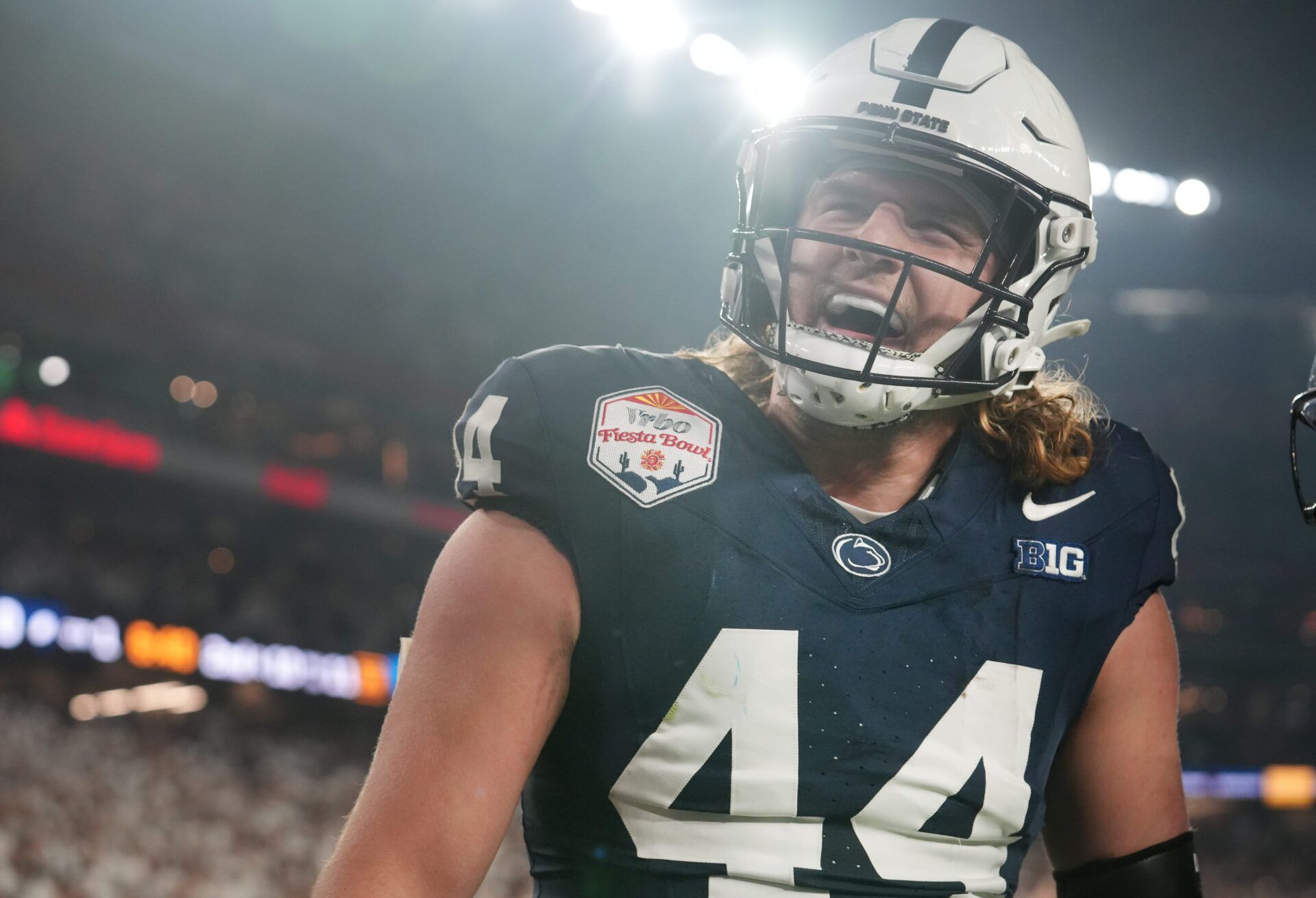 Penn State Nittany Lions tight end Tyler Warren (44) celebrates his touchdown catch against the Boise State Broncos during their Vrbo Fiesta Bowl matchup at State Farm Stadium in Glendale on Dec. 31, 2024.