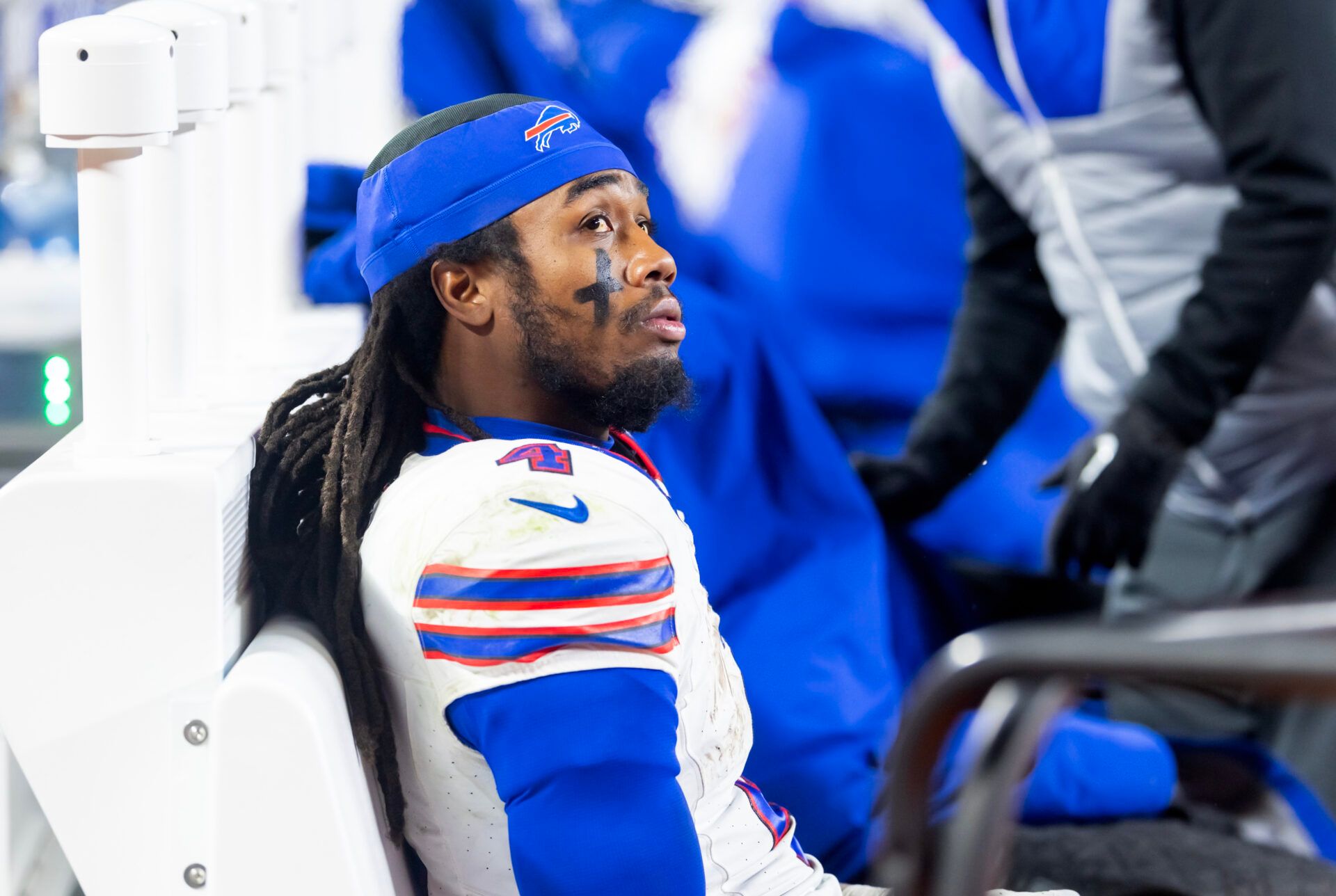 Jan 26, 2025; Kansas City, MO, USA; Buffalo Bills running back James Cook (4) reacts in the closing minutes of the game against the Kansas City Chiefs during the AFC Championship game at GEHA Field at Arrowhead Stadium. Mandatory Credit: Mark J. Rebilas-Imagn Images
