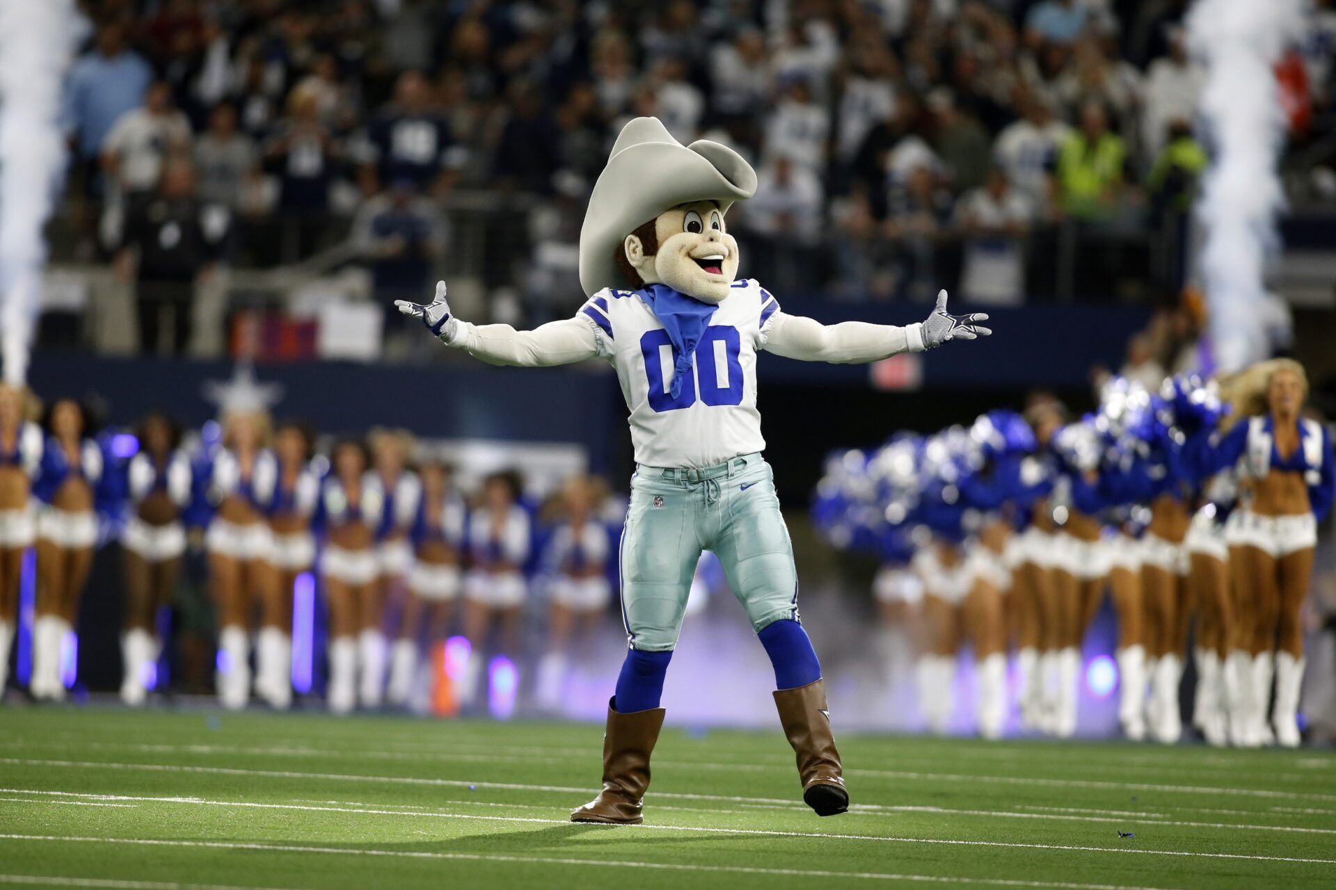 Dallas Cowboys mascot Rowdy on the field before the game against the Las Vegas Raiders at AT&T Stadium.