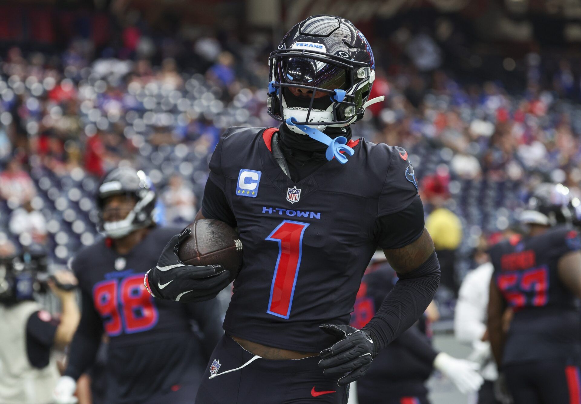 Houston Texans wide receiver Stefon Diggs (1) warms up before the game against the Buffalo Bills at NRG Stadium.