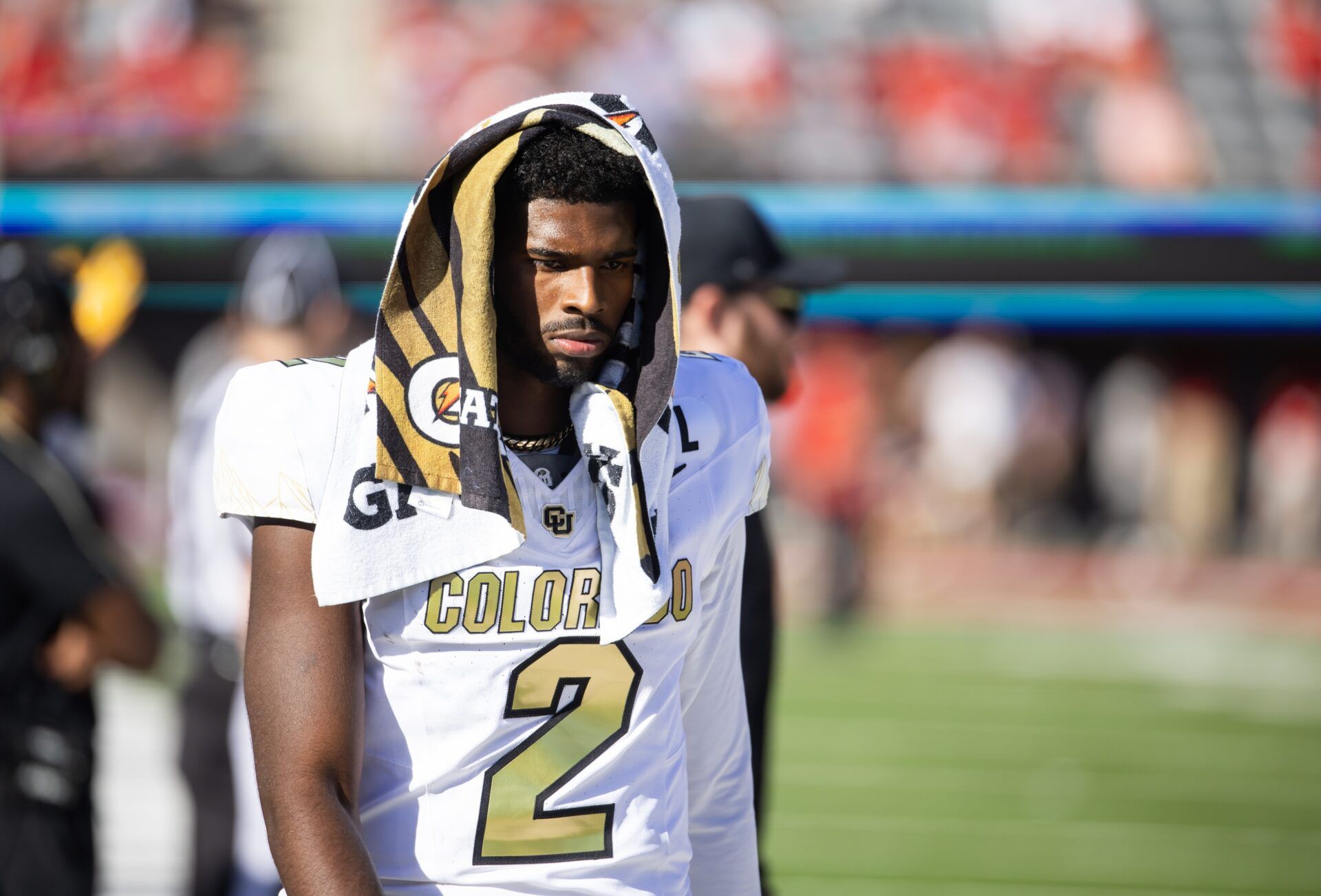 Colorado Buffalos quarterback Shedeur Sanders (2) reacts against the Arizona Wildcats at Arizona Stadium.