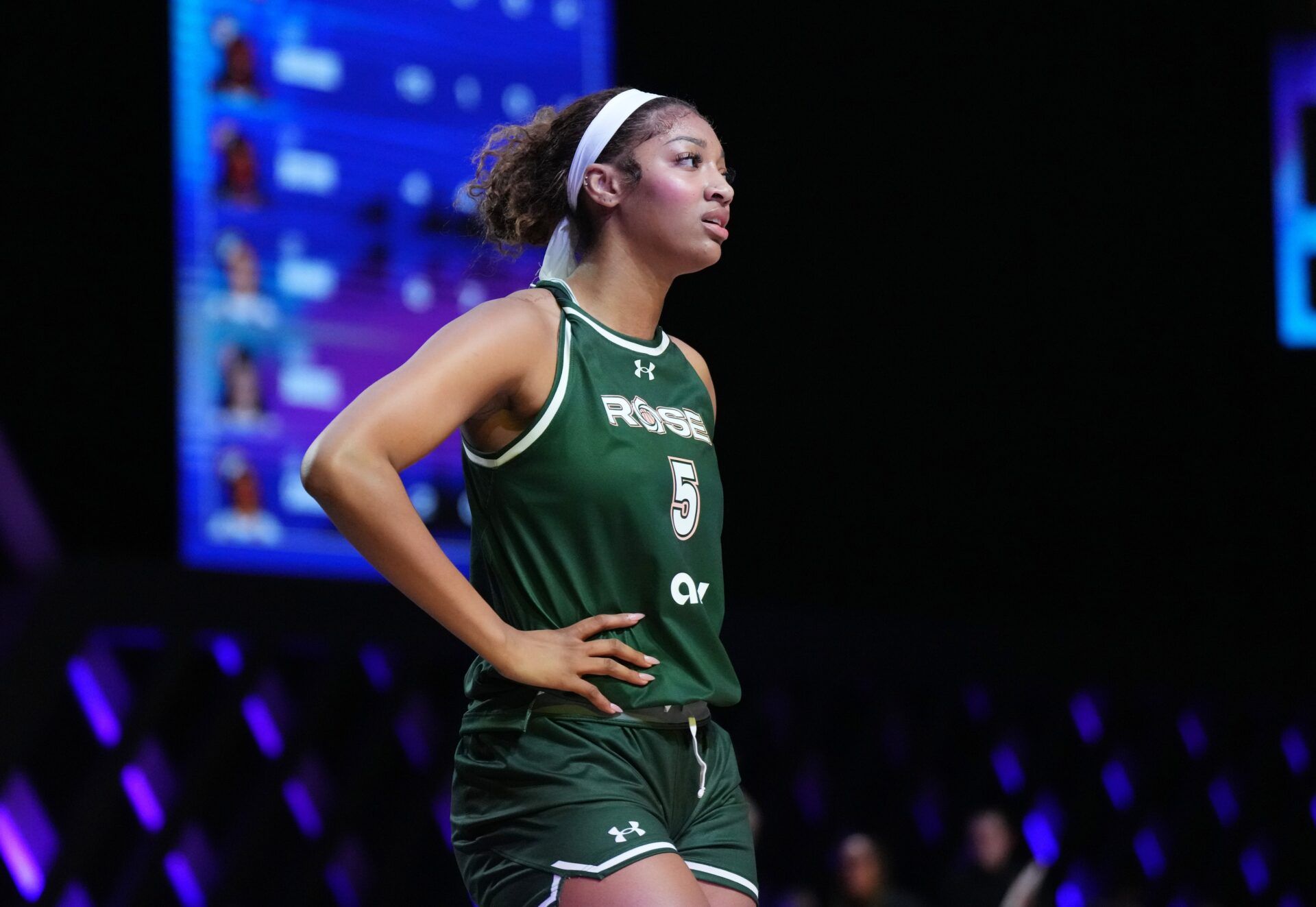 Angel Reese (5) of the Rose takes a moment against the Vinyl during a timeout in the first half of the Unrivaled women’s professional 3v3 basketball league at Wayfair Arena.