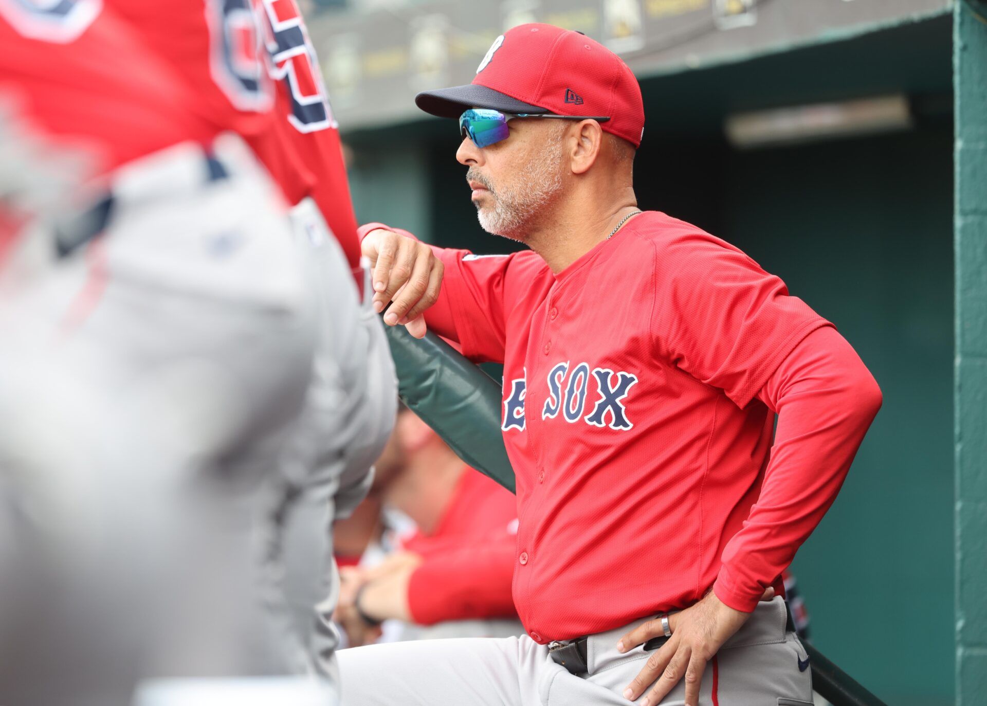 Boston Red Sox manager Alex Cora (13) looks on during the fifth inning against the Pittsburgh Pirates at LECOM Park.