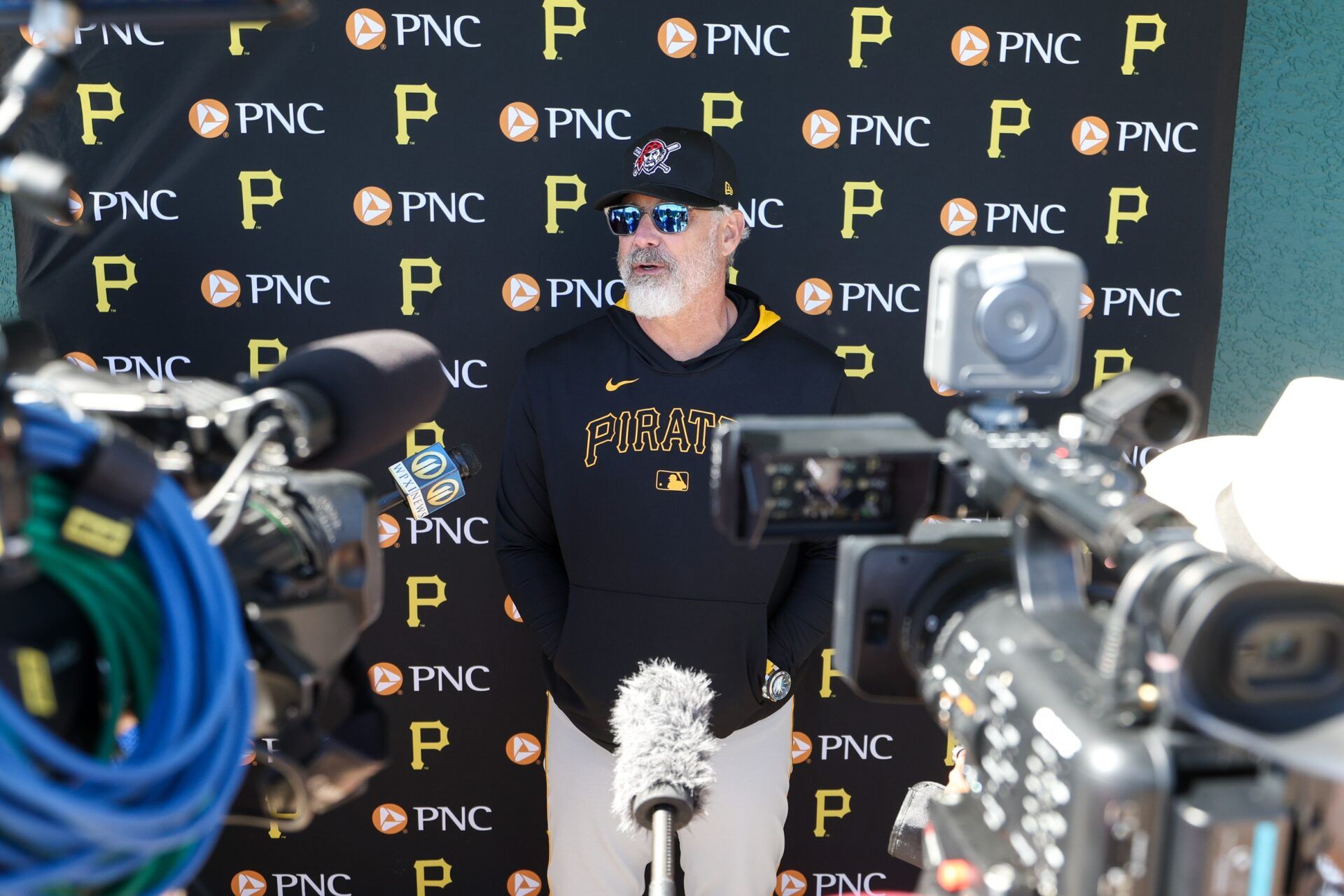 Pittsburgh Pirates manager Derek Shelton (17) speaks to media during spring training workouts at Pirate City.