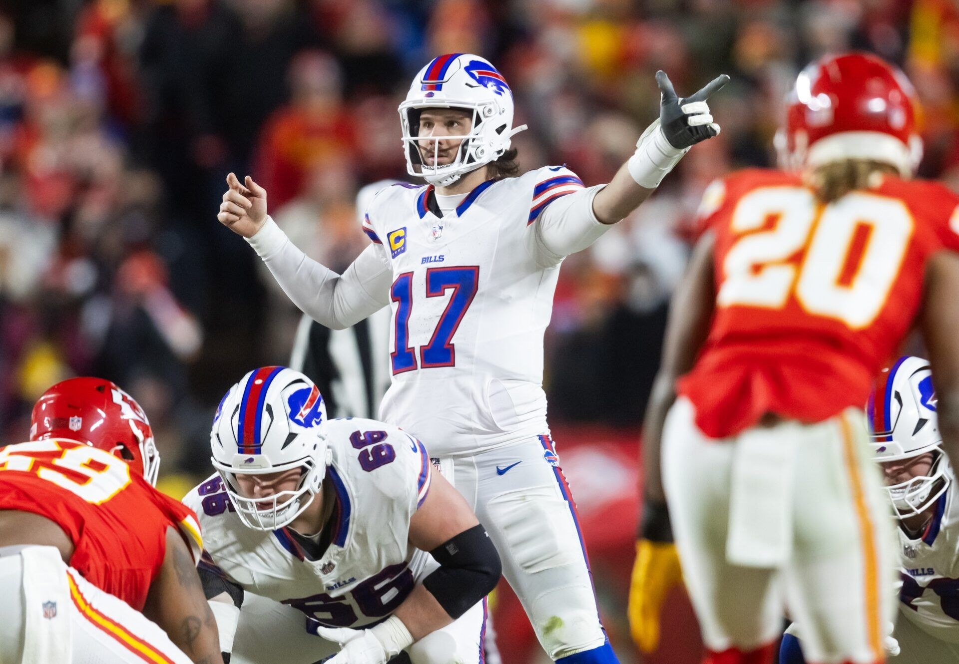 Buffalo Bills quarterback Josh Allen (17) reacts against the Kansas City Chiefs during the AFC Championship game at GEHA Field at Arrowhead Stadium.