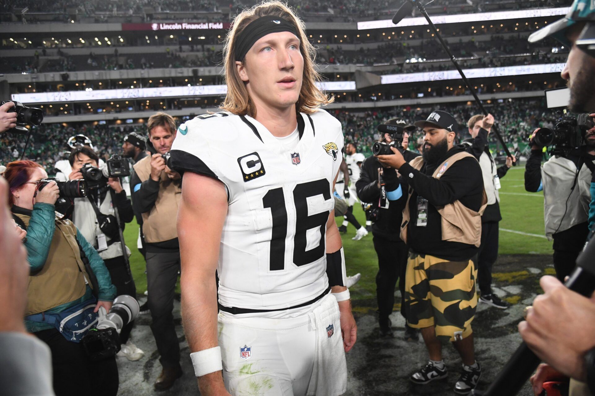 Jacksonville Jaguars quarterback Trevor Lawrence (16) on the field after loss to the Philadelphia Eagles at Lincoln Financial Field.