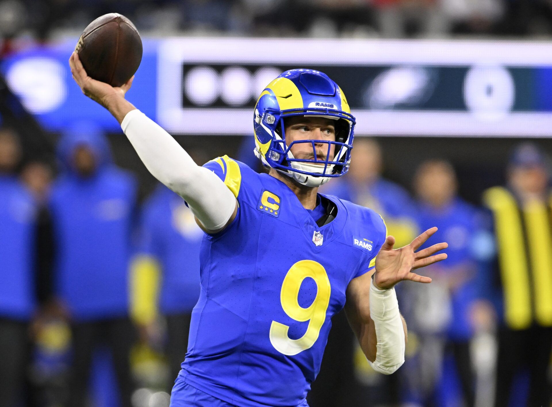 Los Angeles Rams quarterback Matthew Stafford (9) throws a pass against the Philadelphia Eagles during the first half at SoFi Stadium.