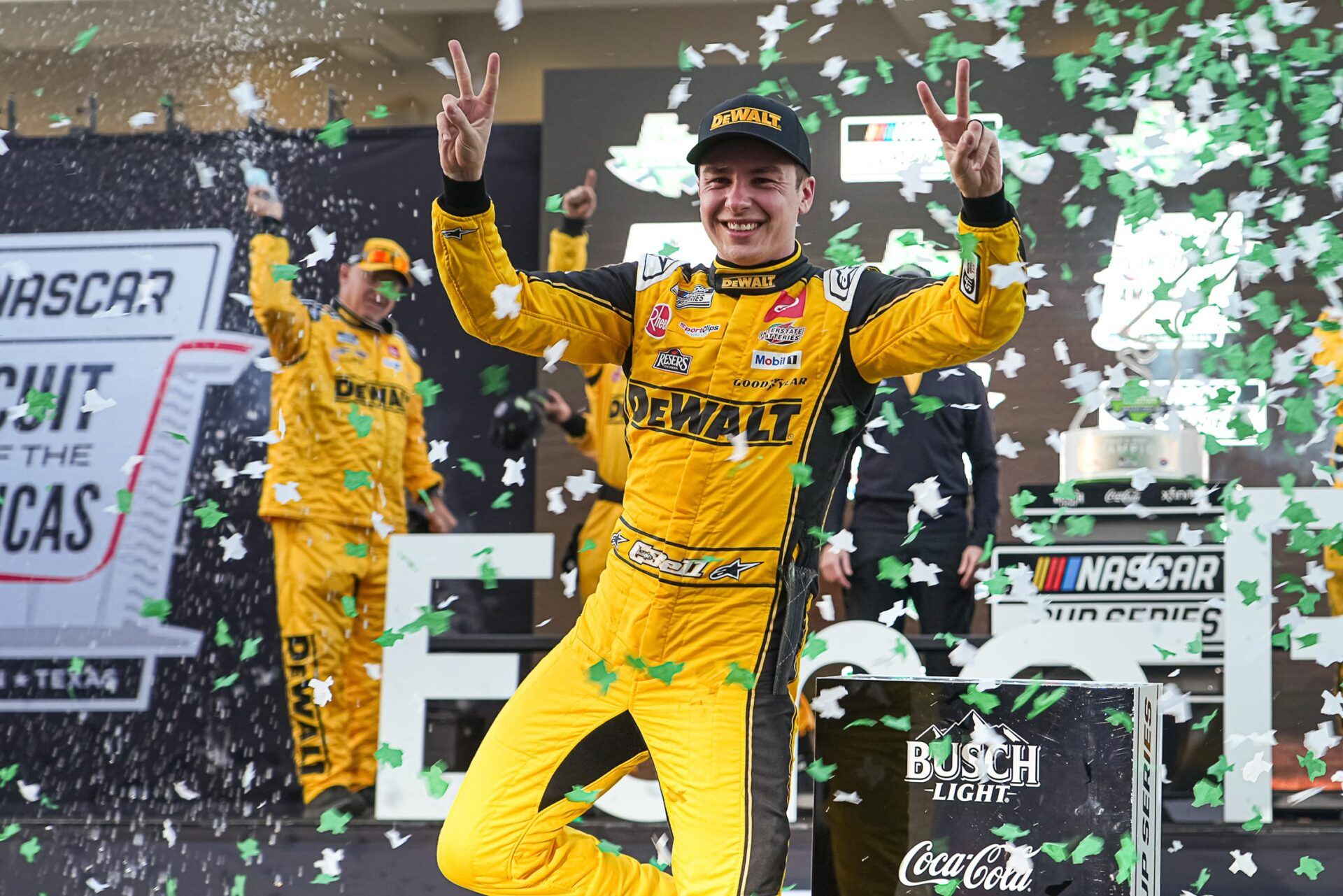 DEWALT Toyota driver Christopher Bell (20) celebrates winning the NASCAR Cup Series EchoPark Automotive Grand Prix at Circuit of the Americas on Sunday, March 2, 2025 in Austin.