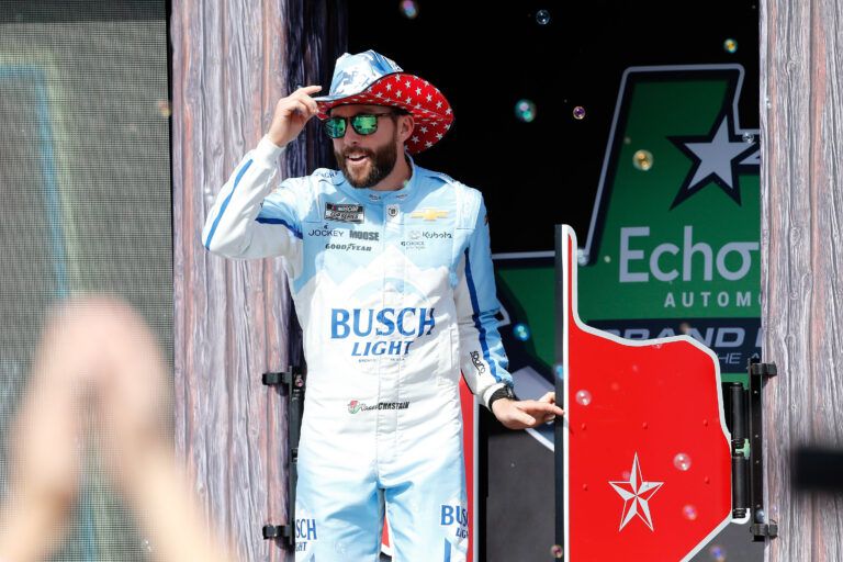 Mar 2, 2025; Austin, Texas, USA; NASCAR Cup Series driver Ross Chastain (1) walks out onto the stage for driver introductions before the EchoPark Automotive Grand Prix at Circuit of the Americas. Mandatory Credit: Jamie Harms-Imagn Images