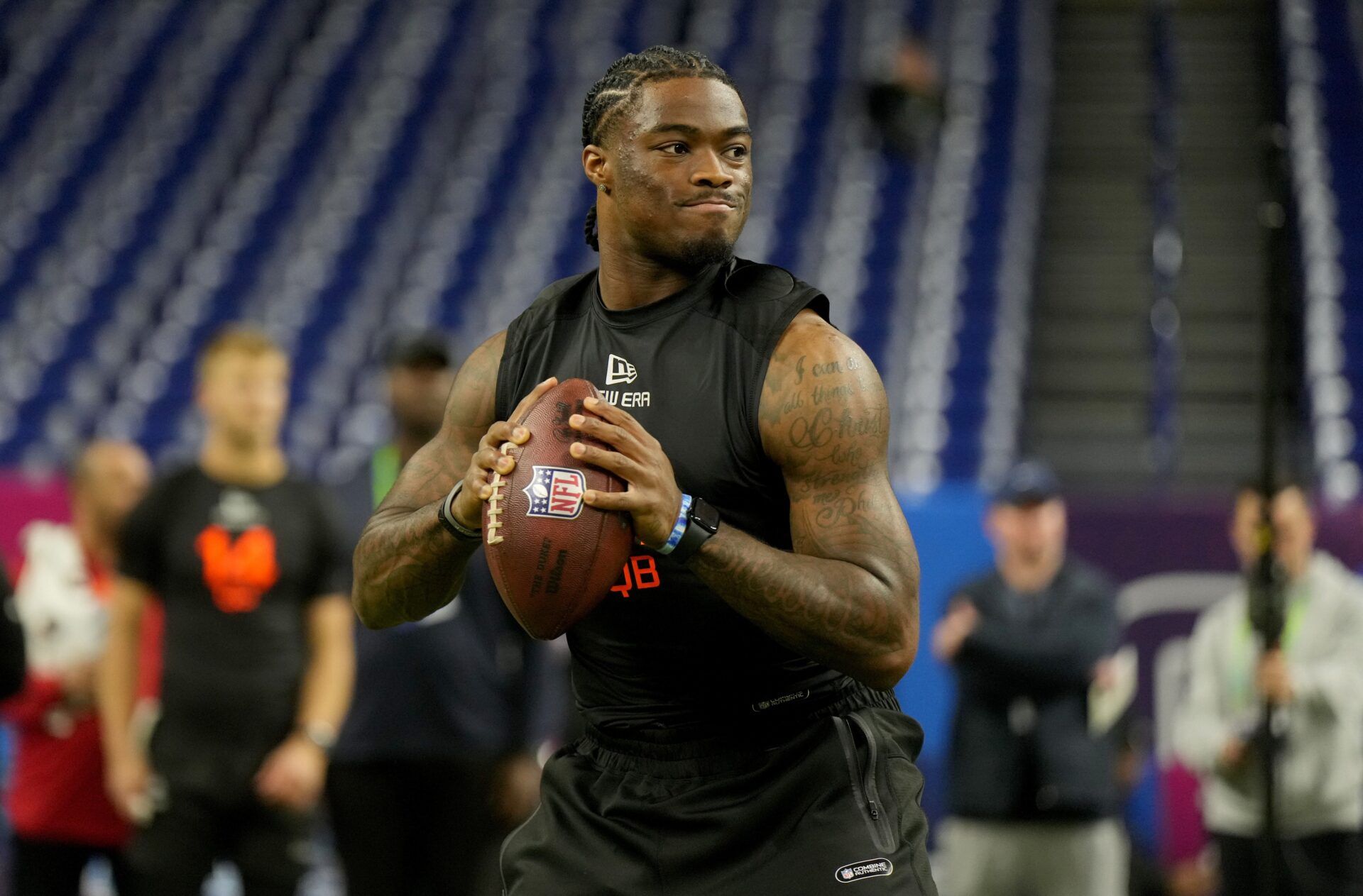 Alabama quarterback Jalen Milroe (QB11) during the 2025 NFL Combine at Lucas Oil Stadium.