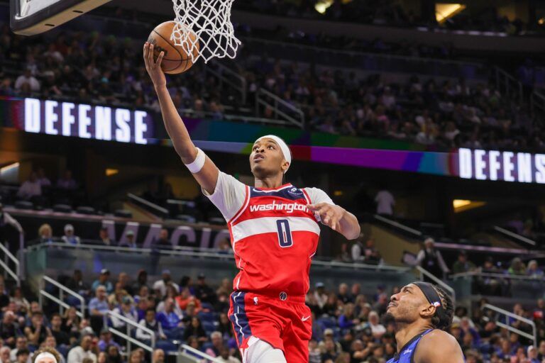 Washington Wizards guard Bilal Coulibaly (0) shoots the ball in front of Orlando Magic center Wendell Carter Jr. (34) during the second quarter at Kia Center.