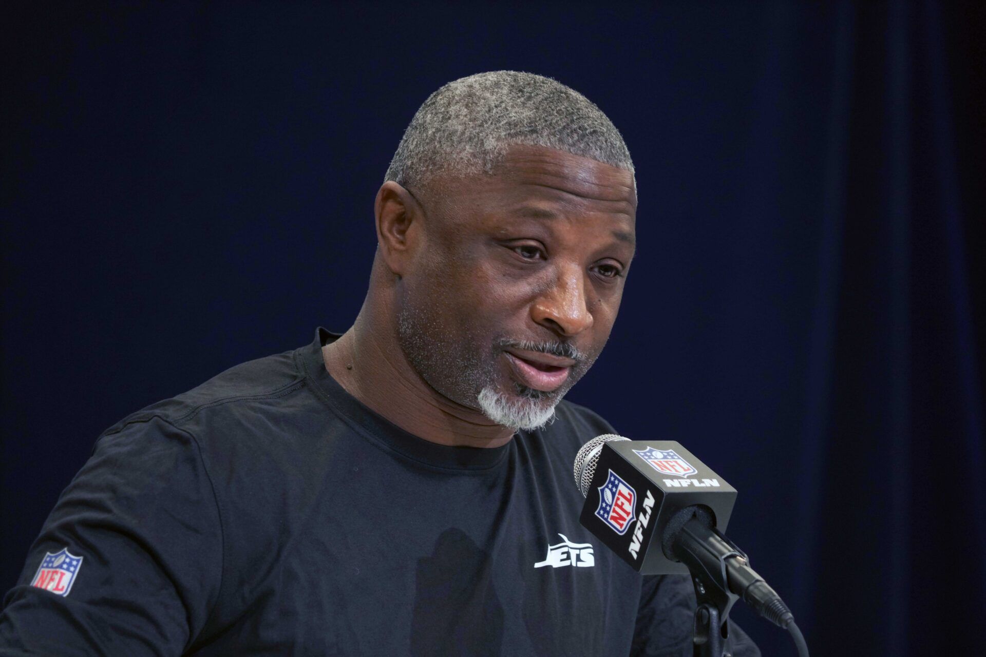 New York Jets coach Aaron Glenn speaks during the NFL Scouting Combine at the Indiana Convention Center.