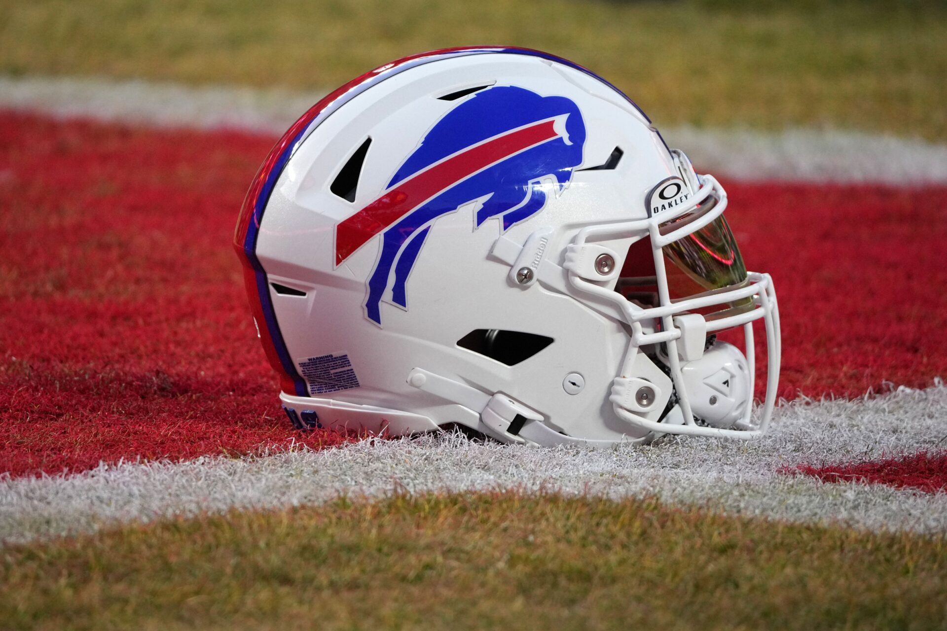 A detailed view of the Buffalo Bills helmet before the AFC Championship game against the Kansas City Chiefs at GEHA Field at Arrowhead Stadium.