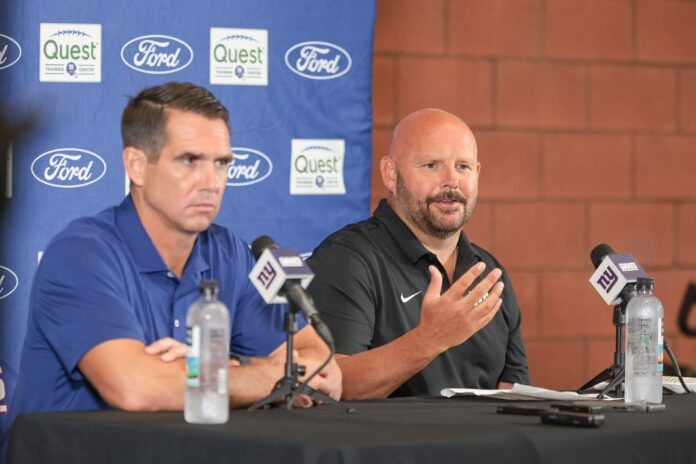 New York Giants head coach Brian Dabol, left, and general manager Joe Schoen talks with media at Quest Diagnostics Training Facility.