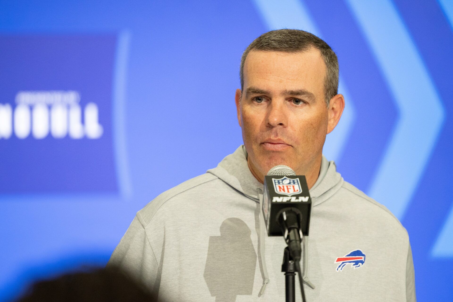 Buffalo Bills general manager Brandon Beane talks to the media at the 2024 NFL Combine at Indiana Convention Center.