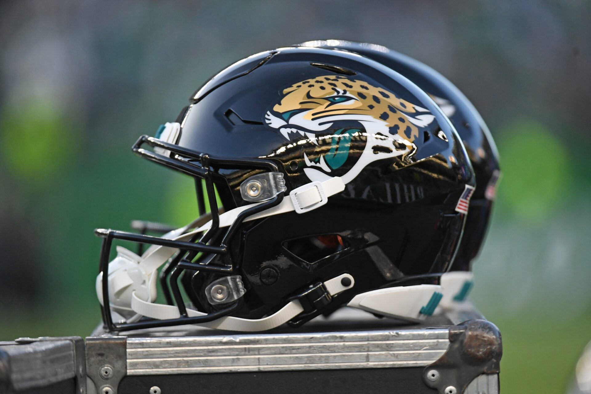 Jacksonville Jaguars helmets on the sidelines against the Philadelphia Eagles at Lincoln Financial Field.