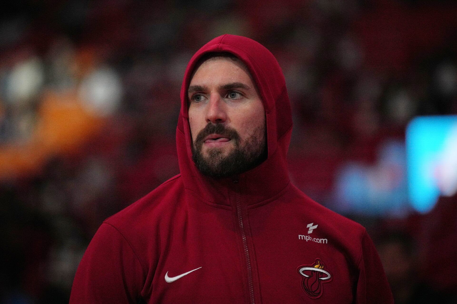 Miami Heat forward Kevin Love (42) warms-up up before the start of the game against the Toronto Raptors at Kaseya Center.