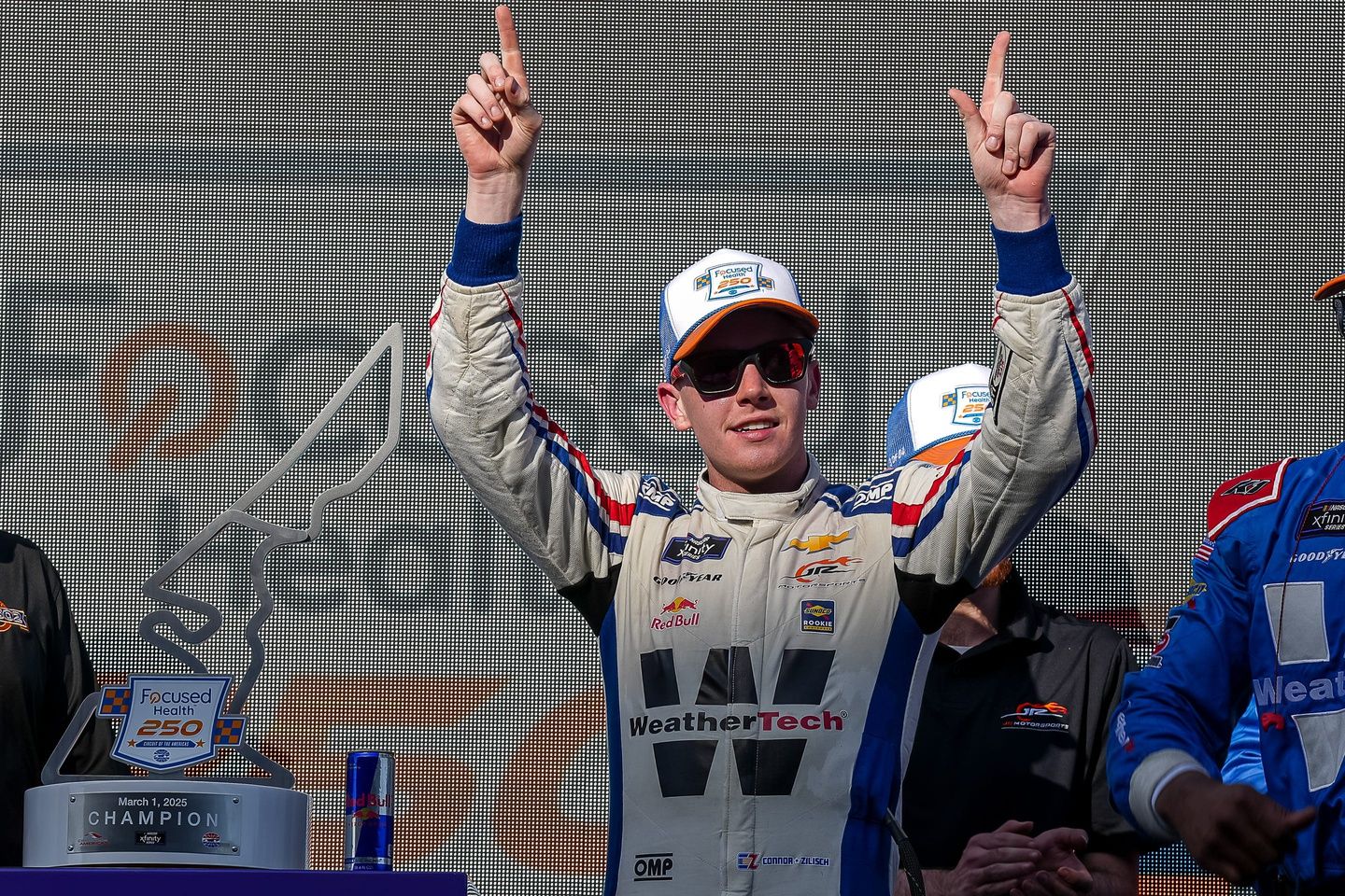 WeatherTech Chevrolet driver Connor Zilisch (88) celebrates winning the NASCAR Xfinity Series Focused Health 250 at Circuit of the Americas on Saturday, March 1, 2025 in Austin.