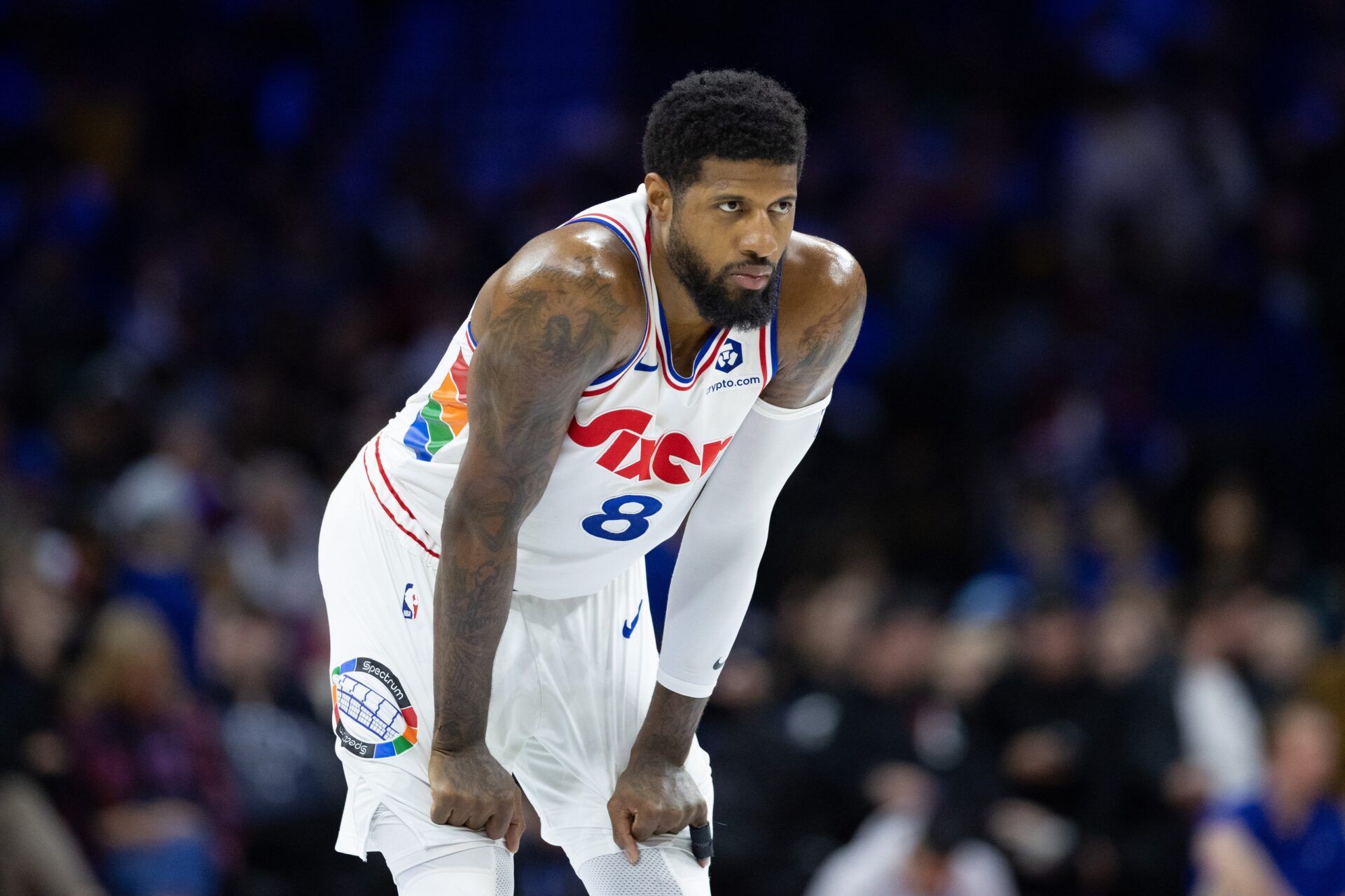 Philadelphia 76ers forward Paul George (8) looks on against the Golden State Warriors during the second quarter at Wells Fargo Center.