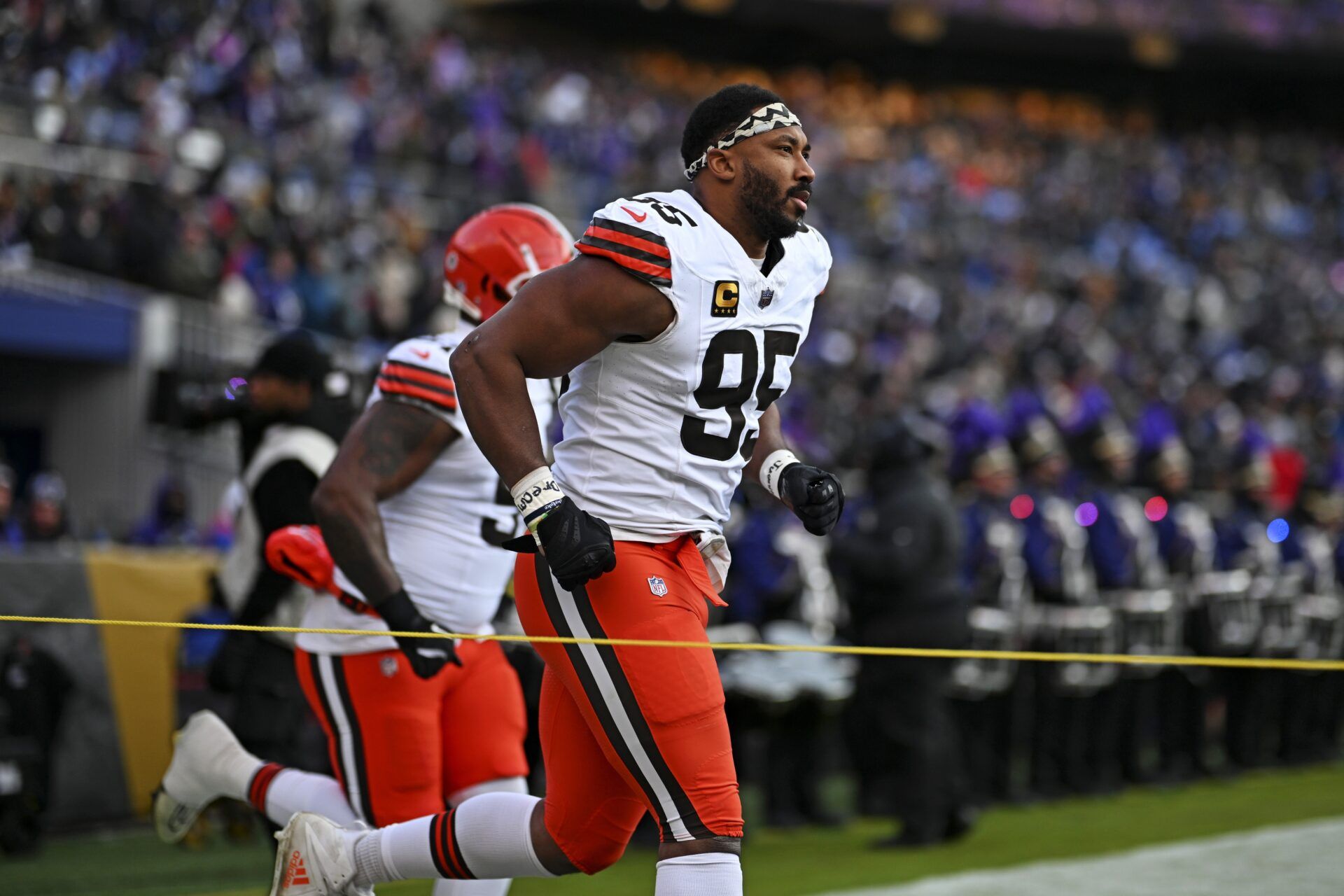 Cleveland Browns defensive end Myles Garrett (95) warms up before the game against the Baltimore Ravens at M&T Bank Stadium.